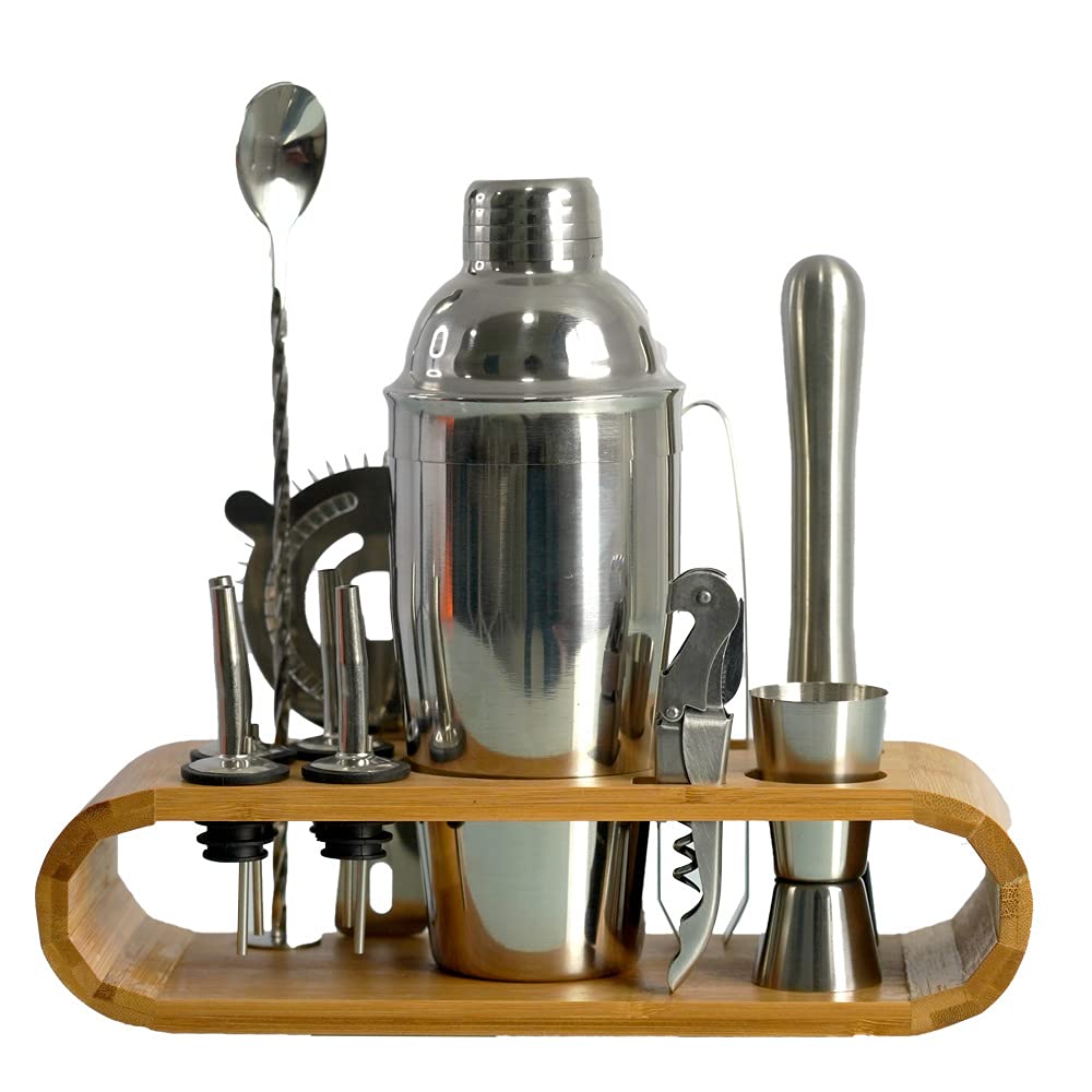 12-Piece Stainless Steel Cocktail Shaker Set with Oval Bamboo Stand - Professional Bartender Kit & Bar Tools for Home Bars, Cocktail Parties & Mixology Enthusiasts