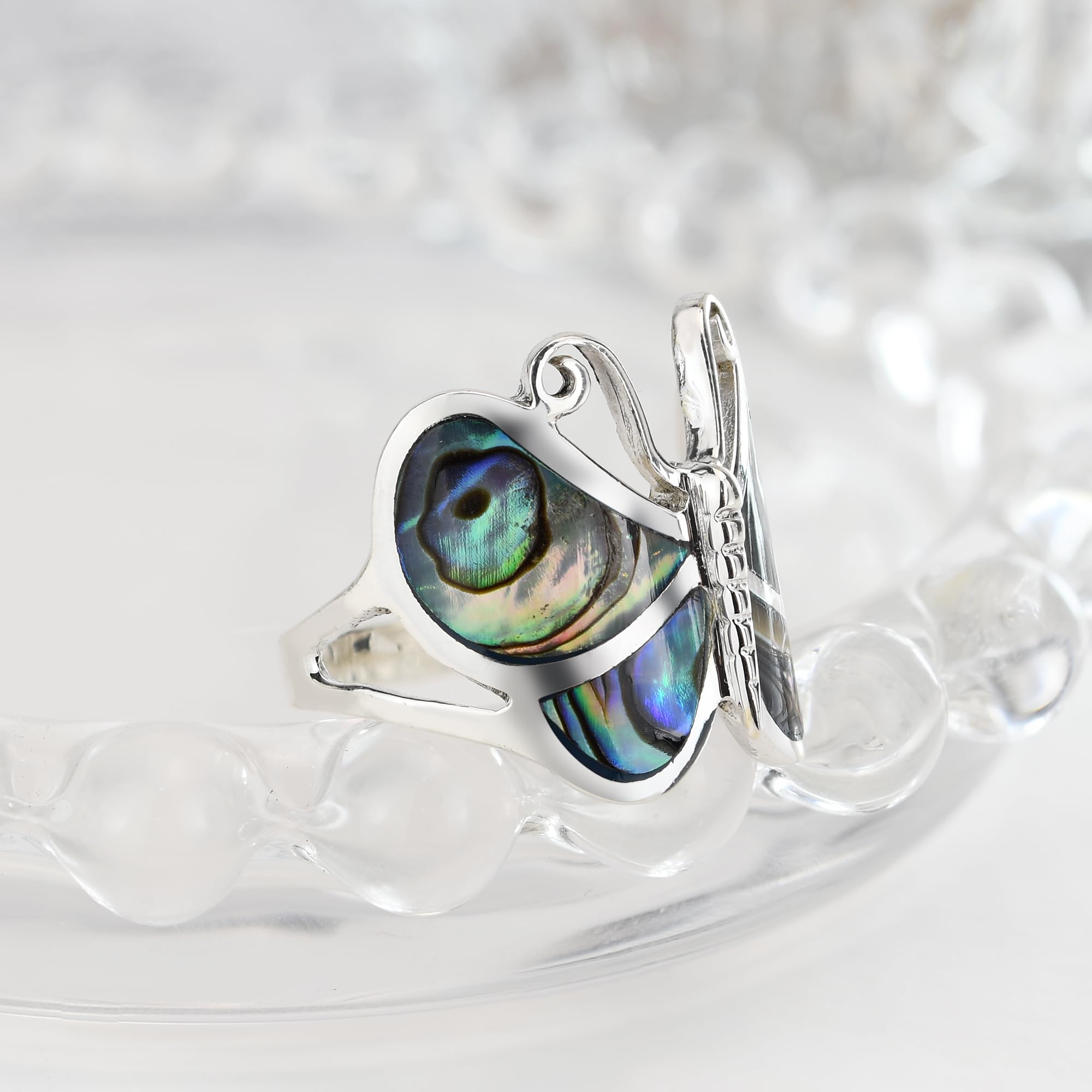 AeraVida Butterfly Rainbow Abalone Sterling Silver Ring for Women | .925 Silver Statement Ring | Elegant Wedding & Casual Jewelry | Comfort Fit Sizes 6-14 | Perfect Gift for Daughter, Wife & Loved Ones | Ideal for Weddings, Anniversaries & Everyday Wear