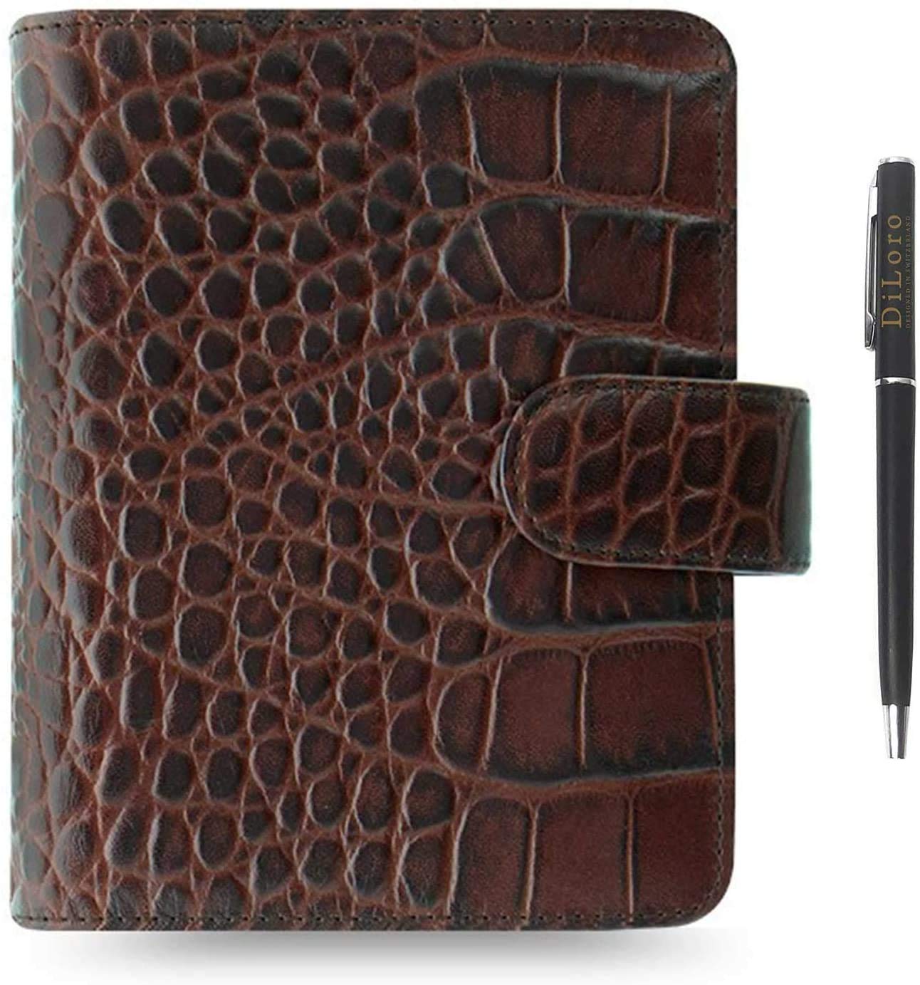 Filofax Classic Croc Print Leather Organizer - 2022-2023 Chestnut Planner with DiLoro Ballpoint Pen, Pocket Size (4.72