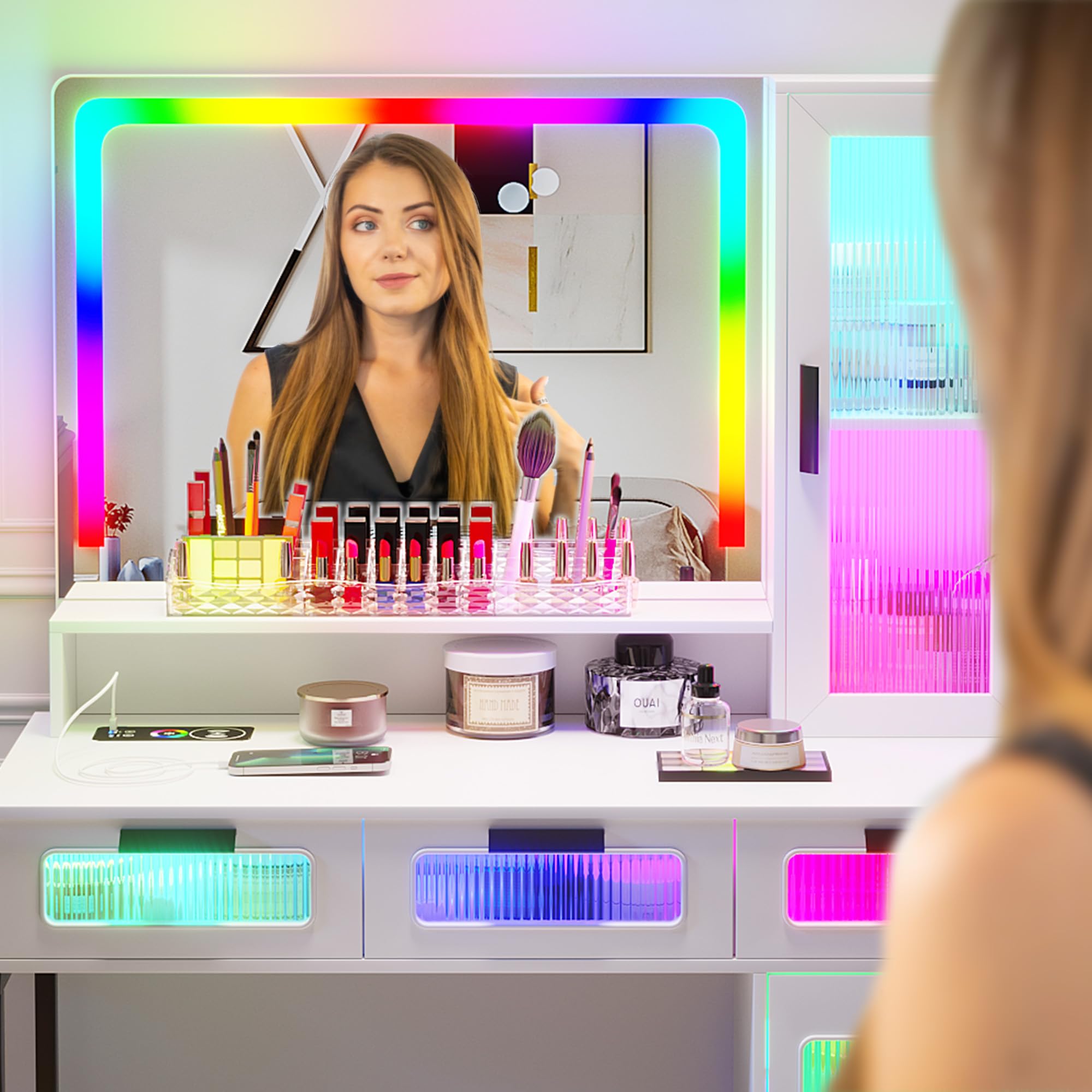 HNEBC White LED Vanity Makeup Desk with Mirror, RGB Lights & Wireless Charger - 6 Drawers, Cabinets & Stool Included - Perfect Dressing Table for Bedroom, Cloakroom & Beauty Salon Makeup Stations