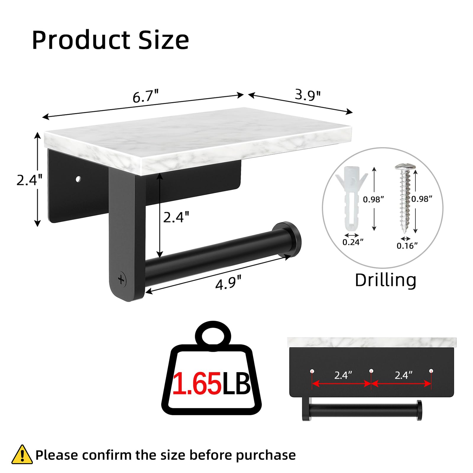 Premium Matte Black Marble Toilet Paper Holder with Shelf - 304 Stainless Steel Wall Mounted Bathroom Tissue Roll Holder - Perfect for Modern Bathrooms, Powder Rooms & Luxury Washrooms