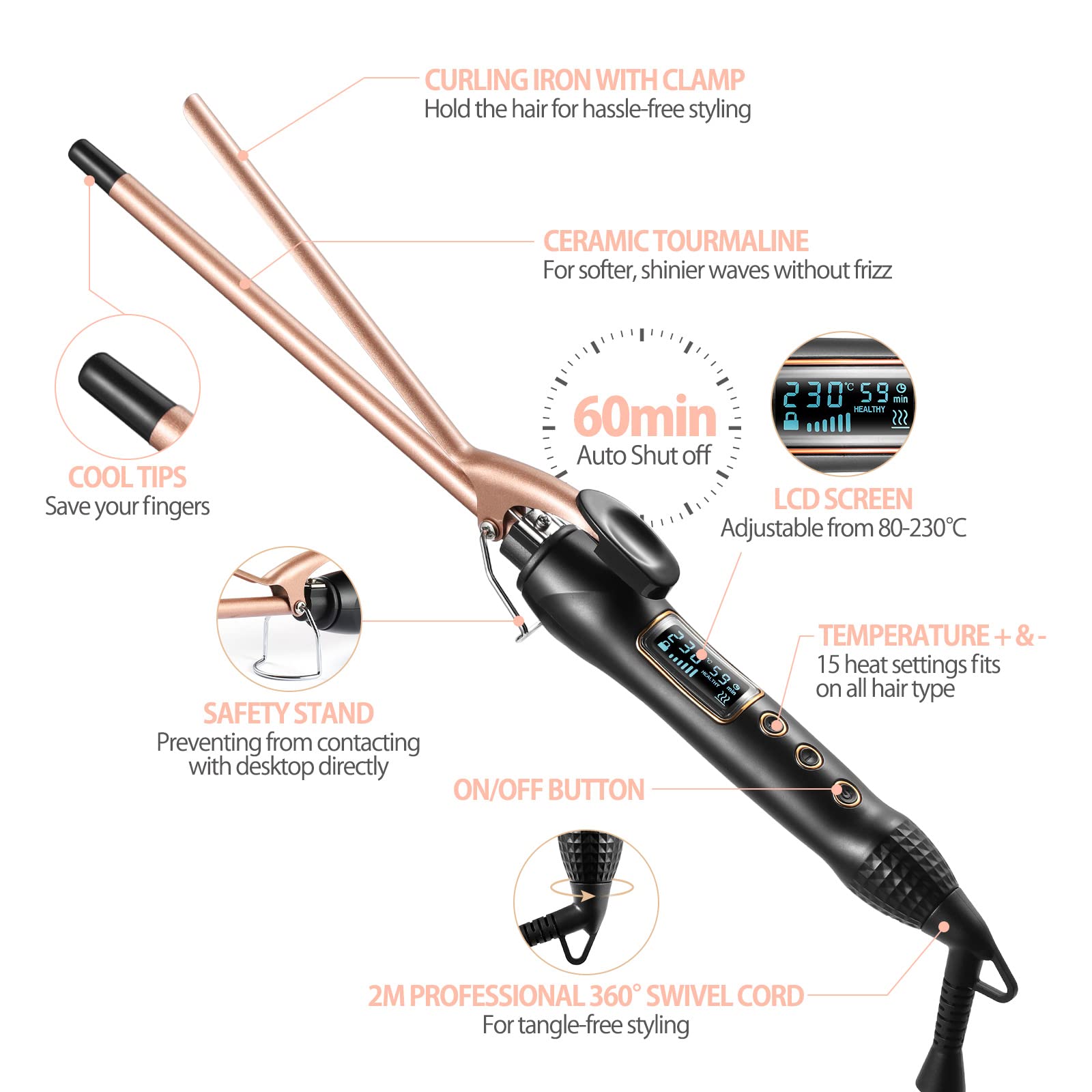 Haglater 3/8 Inch (9mm) Ceramic Curling Wand - Adjustable Temperature Curling Iron for Short & Long Hair - Perfect for Beach Waves, Wedding Hairstyles & Daily Styling