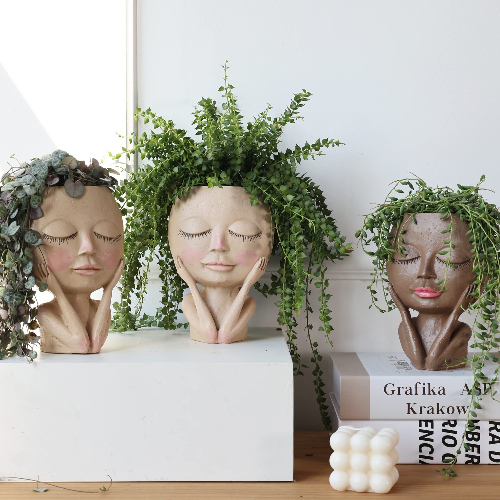 AIMMEBY Cute Resin Face Flower Pot Head Planter with Drainage Hole - Succulent & Cactus Planter for Home Decor, Office Desk, or Garden (Closed Eyes Design, Lightweight)