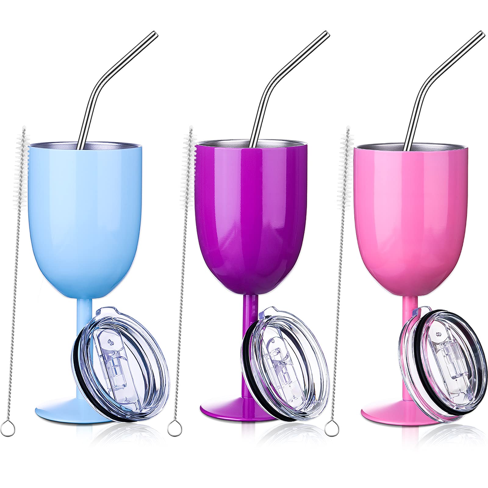 Insulated Stainless Steel Wine Glasses with Lid - 10 oz Double Wall Unbreakable Wine Tumblers Set of 3 (Pink, Purple, Light Blue) - Includes Drinking Straw & Straw Brush - Perfect for Outdoor Picnics, Parties & Travel