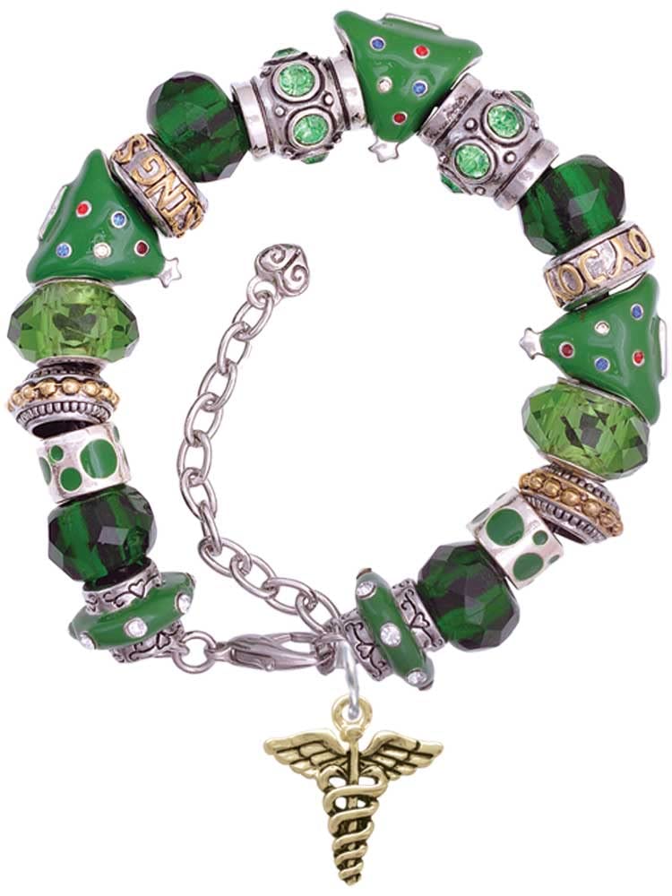 Caduceus Green Christmas Bead Bracelet - Holiday Gift Jewelry for Women