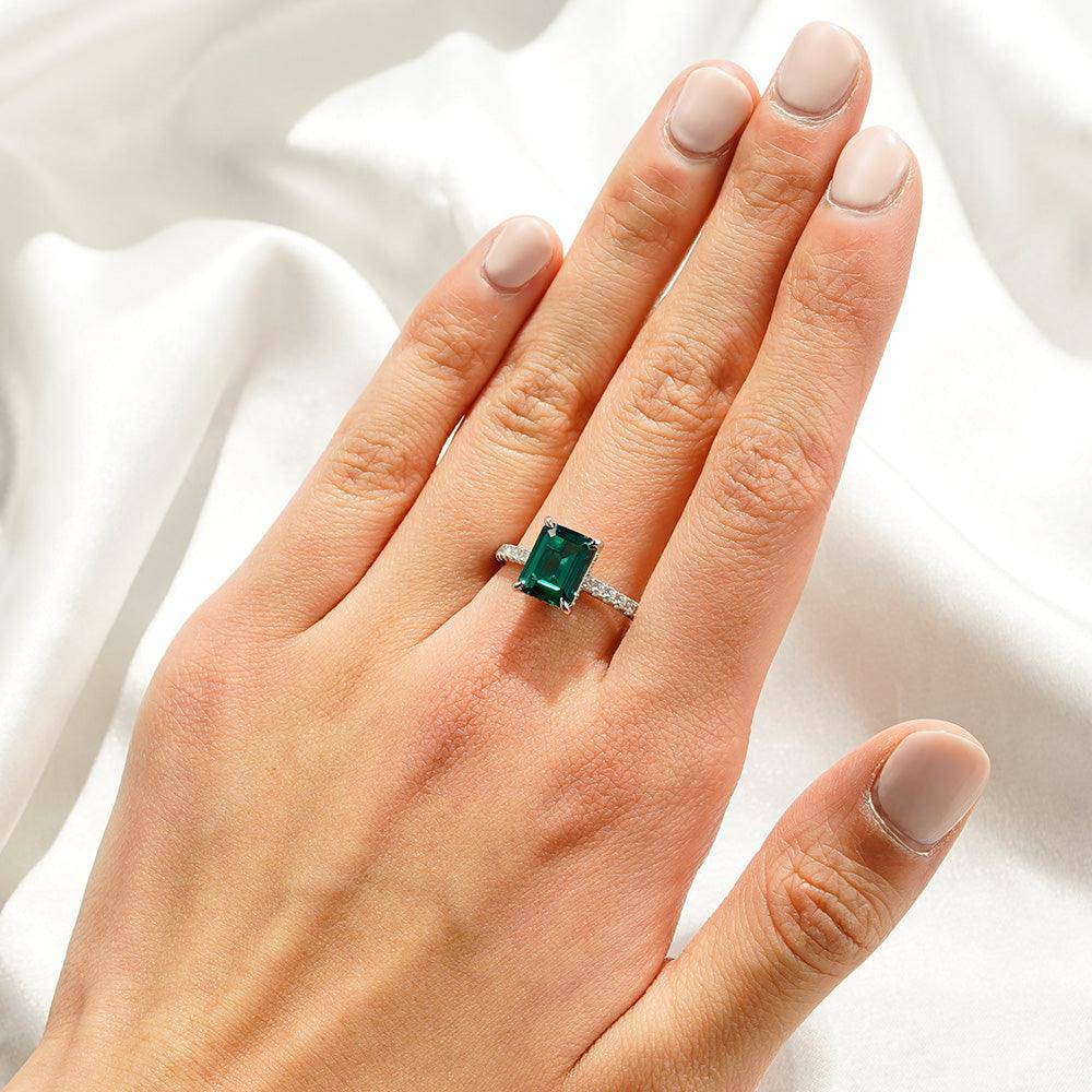 3 CT. Lab Grown Emerald Engagement Ring with Side Stones & Hidden Halo - Perfect for Proposals, Anniversaries & Special Occasions