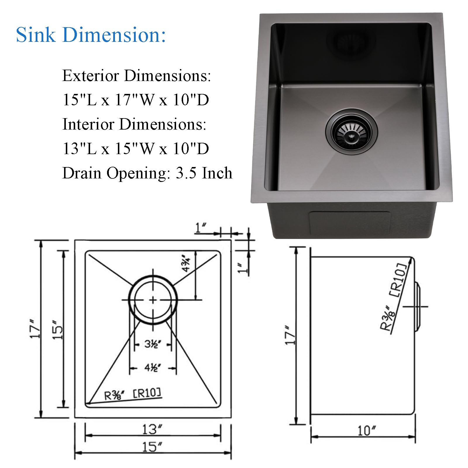 Bokaiya 15x17 Inch Black Undermount Bar Sink - 16 Gauge Stainless Steel Small Kitchen Sink with Bottom Grid & Strainer - Perfect for Wet Bars, Prep Stations, and Compact Kitchens