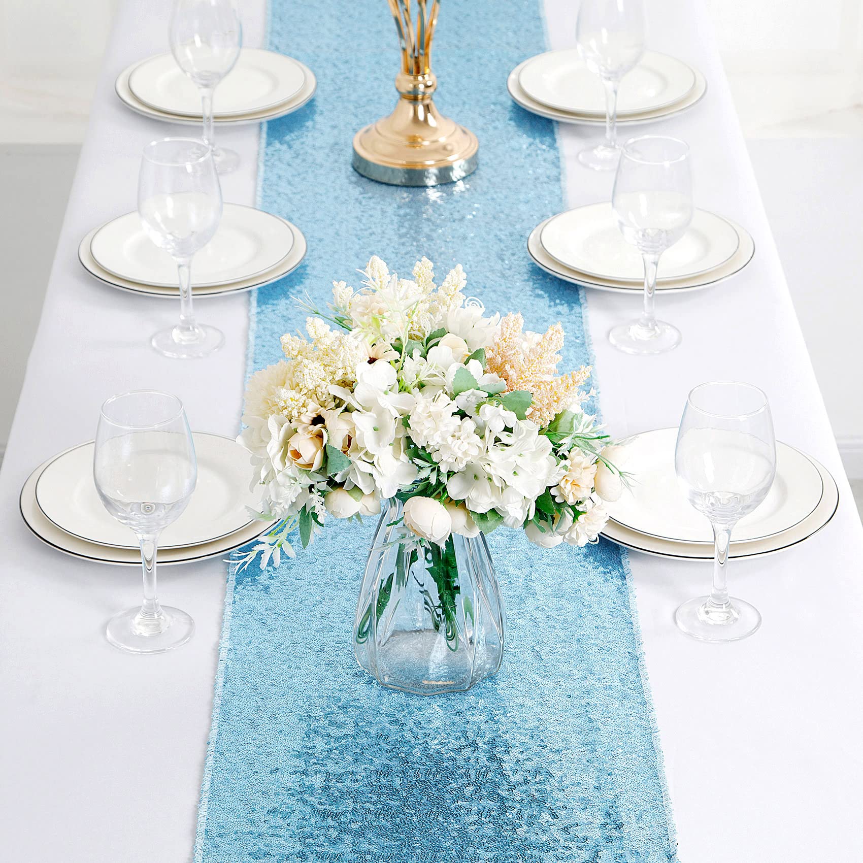 Blue Sequin Table Runner 12x72 Inches - Glitter Party Tablecloth for Wedding, Graduation, Birthday & Baby Shower Decor - Sparkling Dining Table Decorations for Special Events & Celebrations