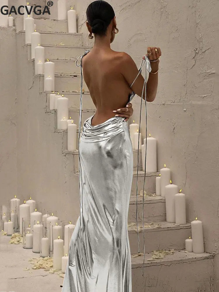 **GACVGA Sexy Bandage Maxi Dress - Women's Silver Shiny Pleated Bodycon Backless Long Dress for Spring & Summer | Perfect for Streetwear, Night Out, and Party Occasions**