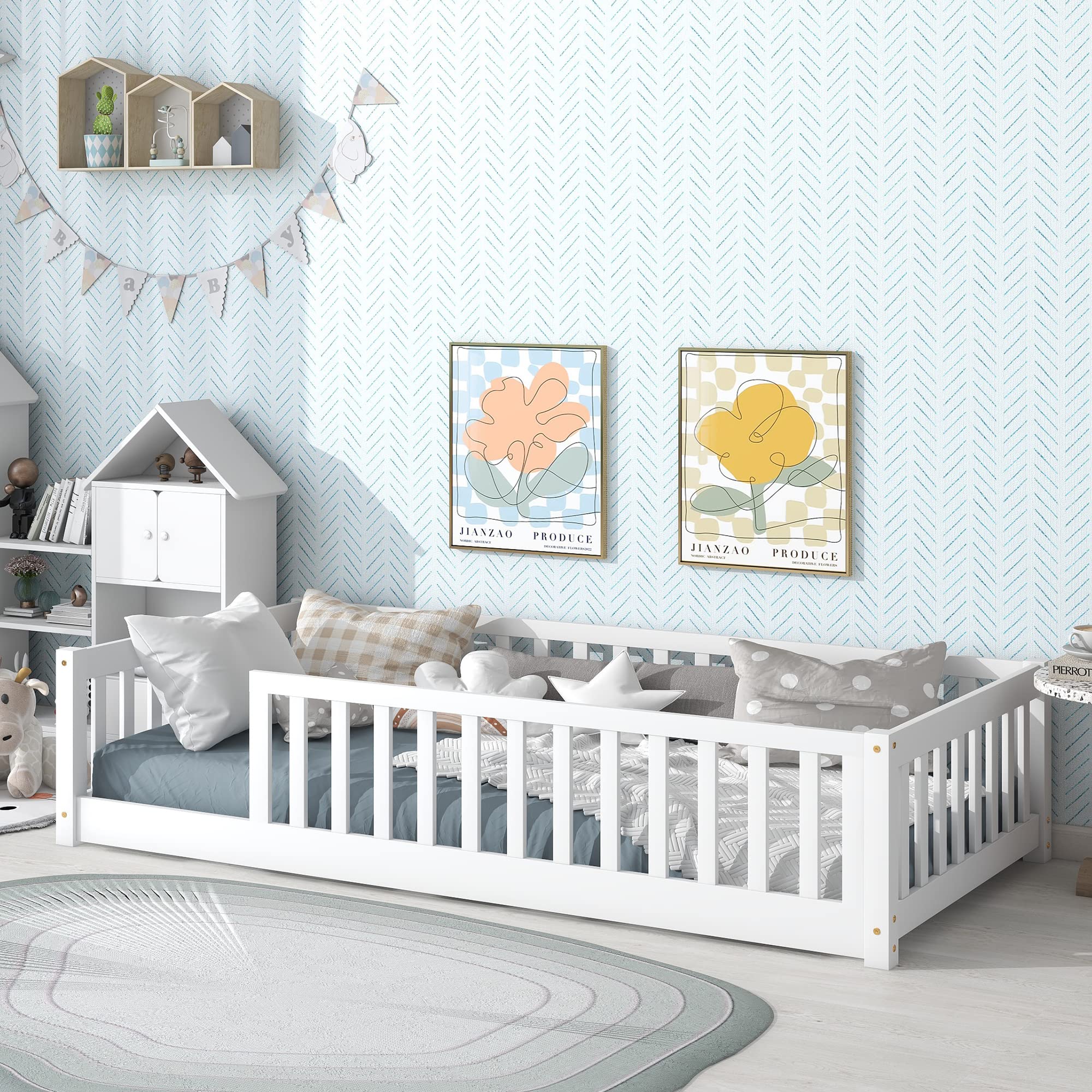 Montessori Twin Size Toddler Floor Bed Frame with Safety Fence & Wood Slats - White Wooden Low Bed for Kids, Girls & Boys - No Box Spring Needed - Perfect for Montessori Rooms, Daycare Centers & Safe Toddler Sleeping Spaces