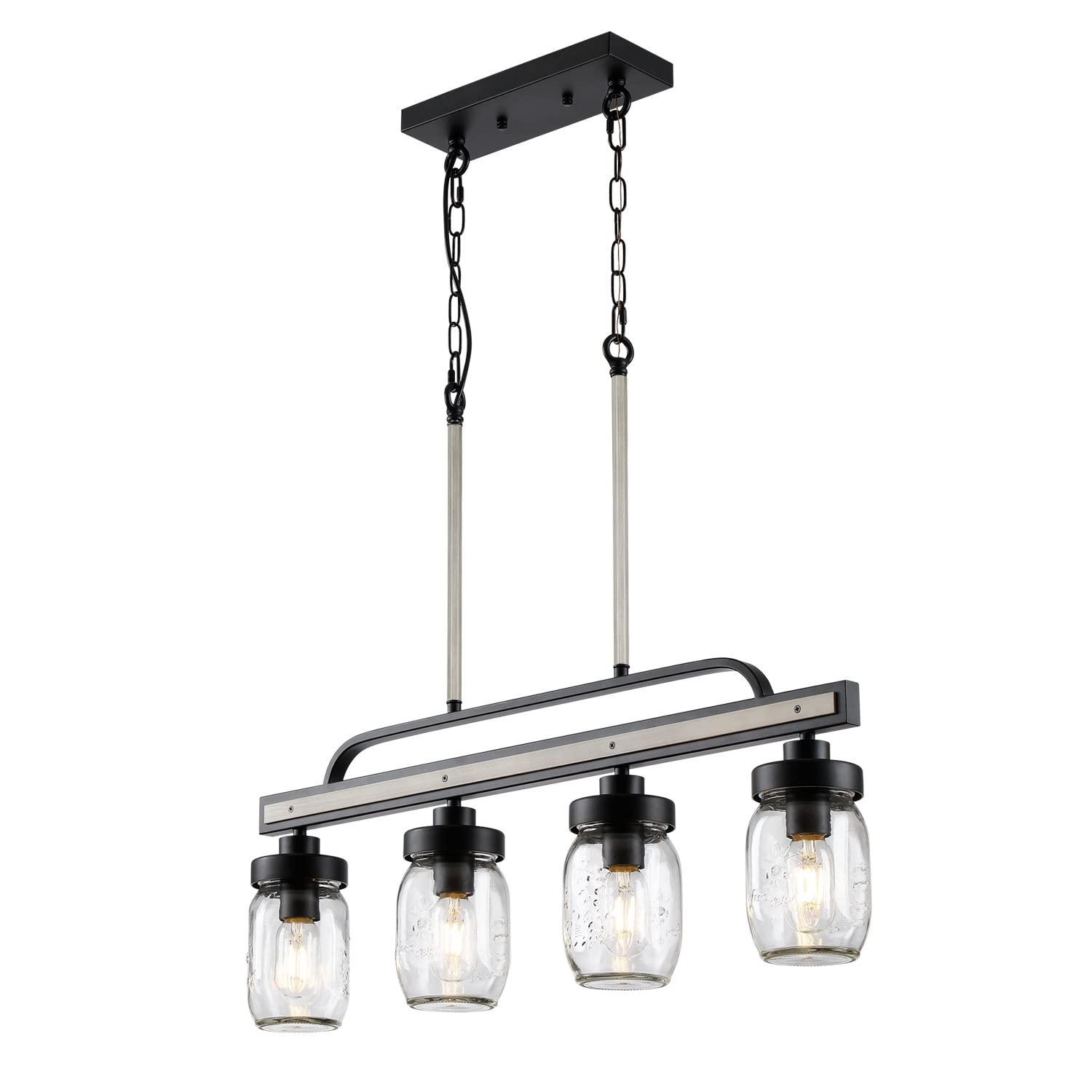 Rustic Mason Jar Pendant Light Fixture - 4-Light Farmhouse Chandelier with Glass Jars, Matte Black Linear Island Lighting for Kitchen, Dining Room, or Restaurant Decor | Perfect for Farmhouse, Industrial & Vintage Style Homes