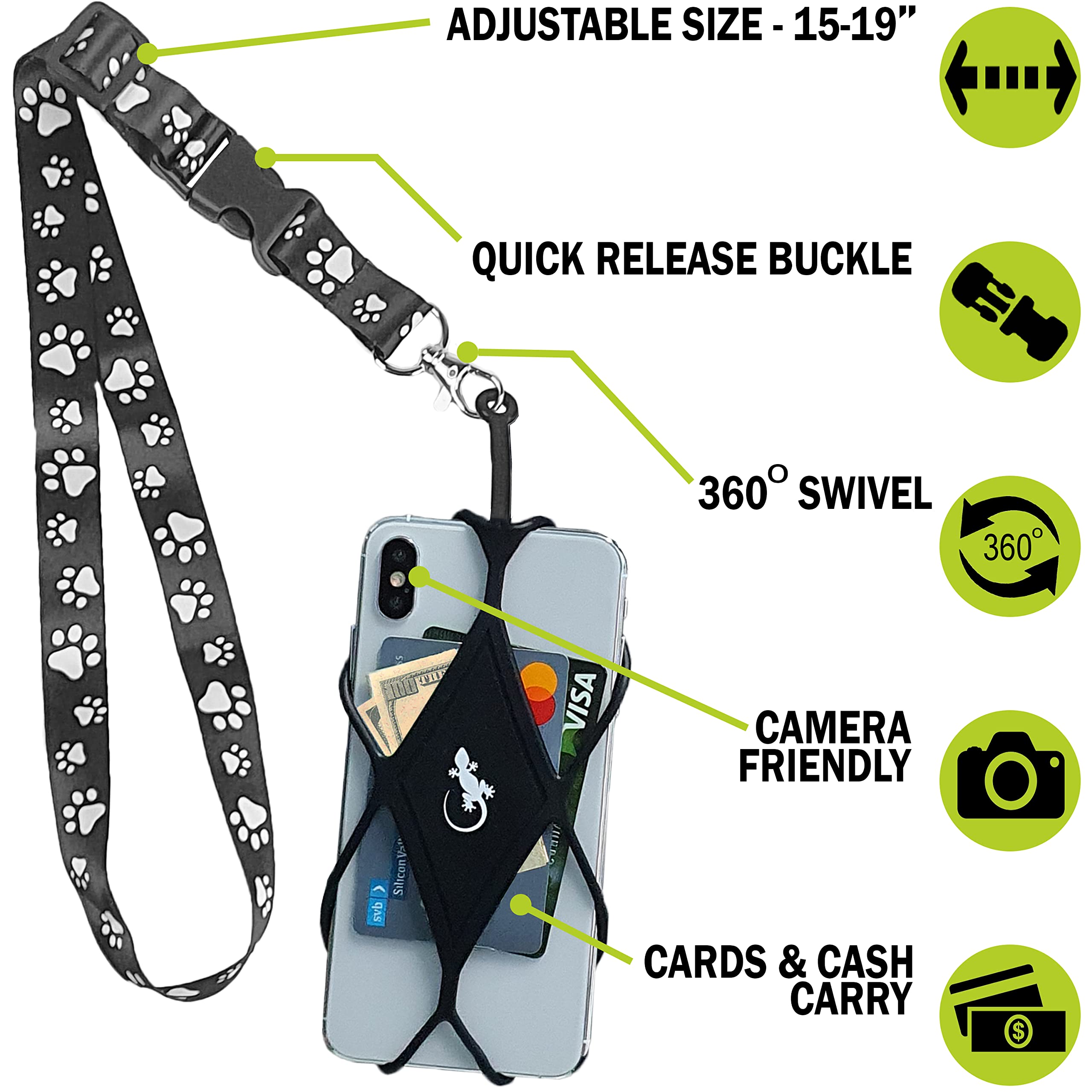 Universal Lanyard Phone Holder for Walking - Gecko Travel Tech Cell Phone Case Compatible with Most Smartphones (Dog PAW Neck - Black Diamond) - Perfect for Hiking, Running, Travel & Hands-Free Convenience