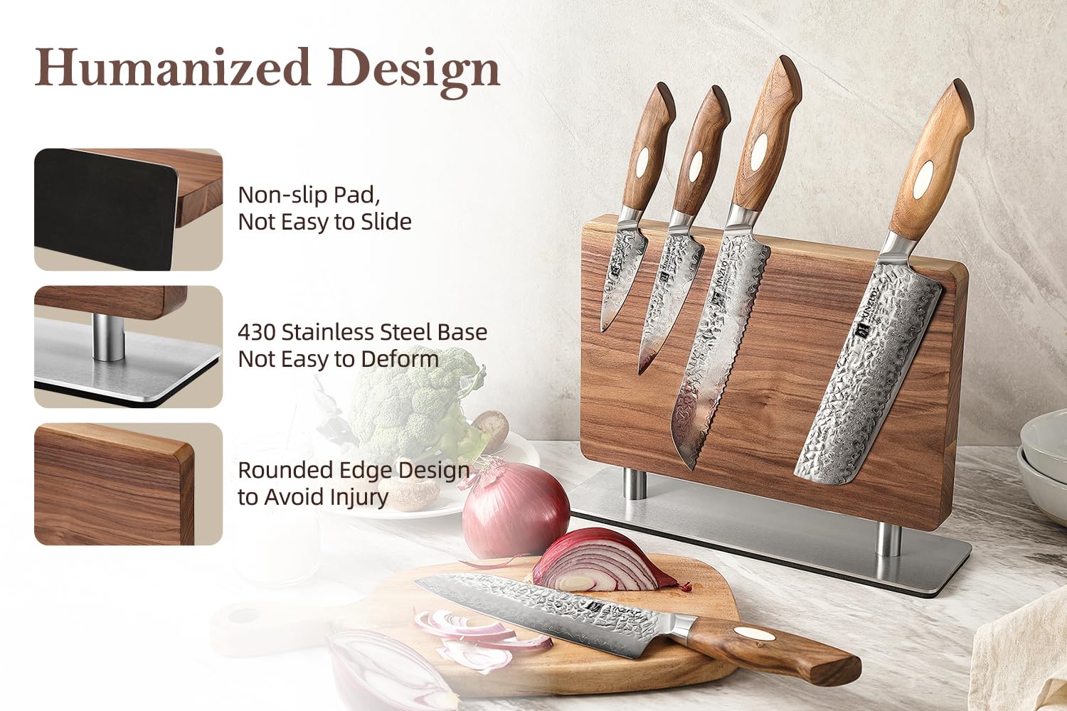 Premium Magnetic Knife Block - Natural Walnut Knife Holder with Strong Double-Sided Magnets for Countertop Storage | Perfect Kitchen Organizer for Chefs & Home Cooks | Ideal for Countertop, Kitchen Island & Open Shelf Display