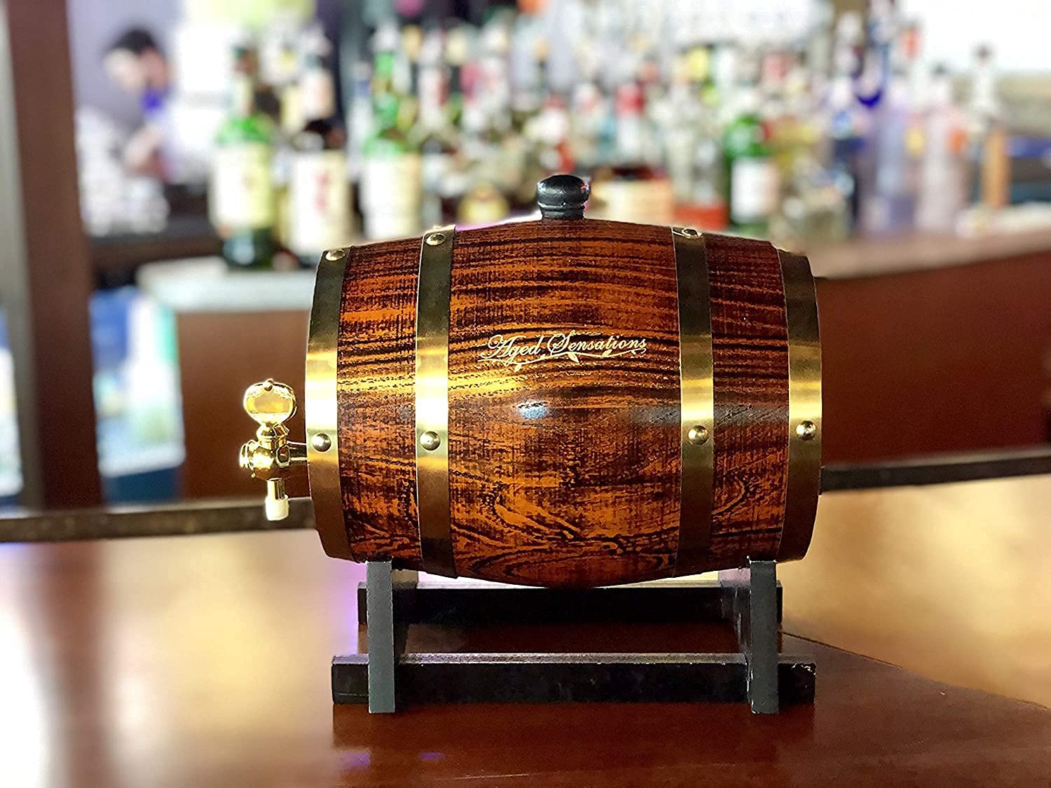 Premium Oak Whiskey Barrel Dispenser (3 Liter) – Aged Sensations for Liquor, Wine, Spirits & Beer – Holds Entire Bottle/Handle – Perfect for Home Bar, Gifts & Whiskey Tasting Events