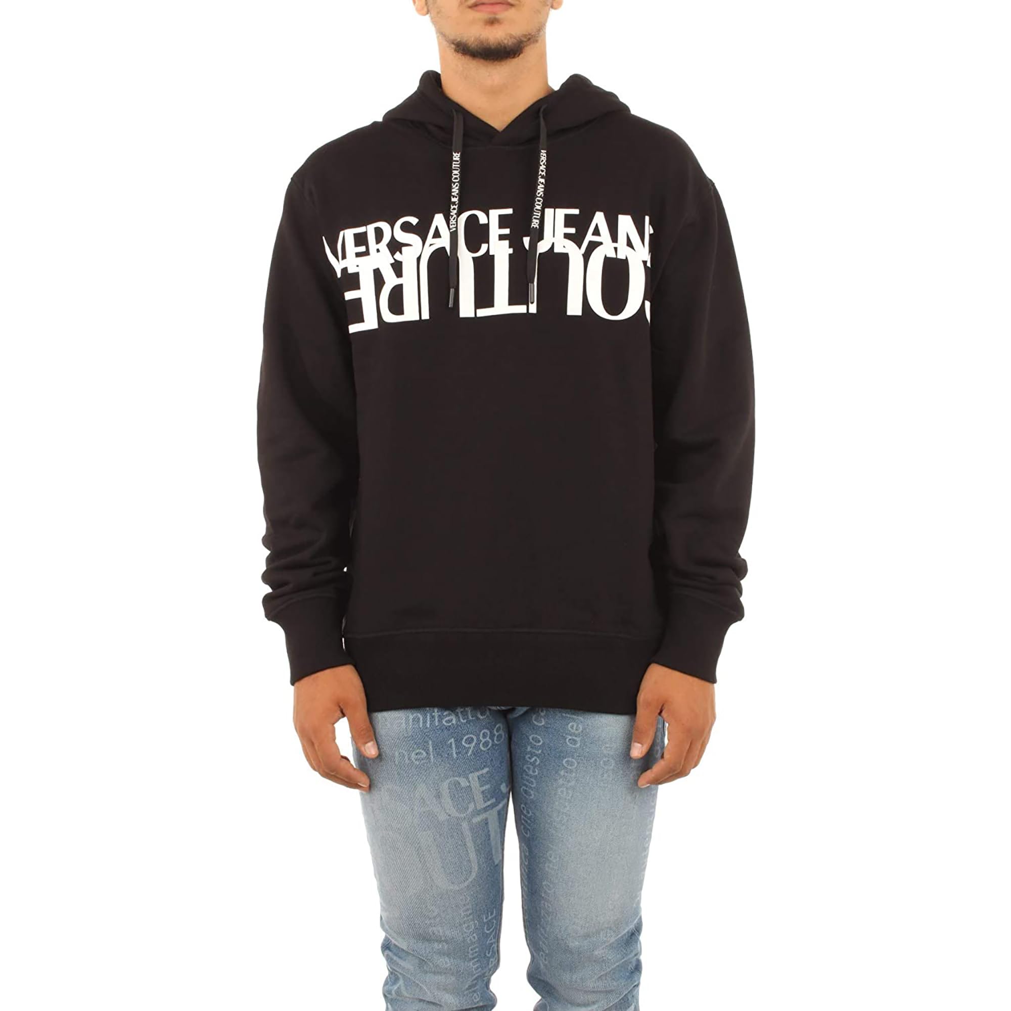 Versace Jeans Couture Men's Hoodie - Black Cotton Pullover Sweatshirt for Casual Wear & Street Style Fashion