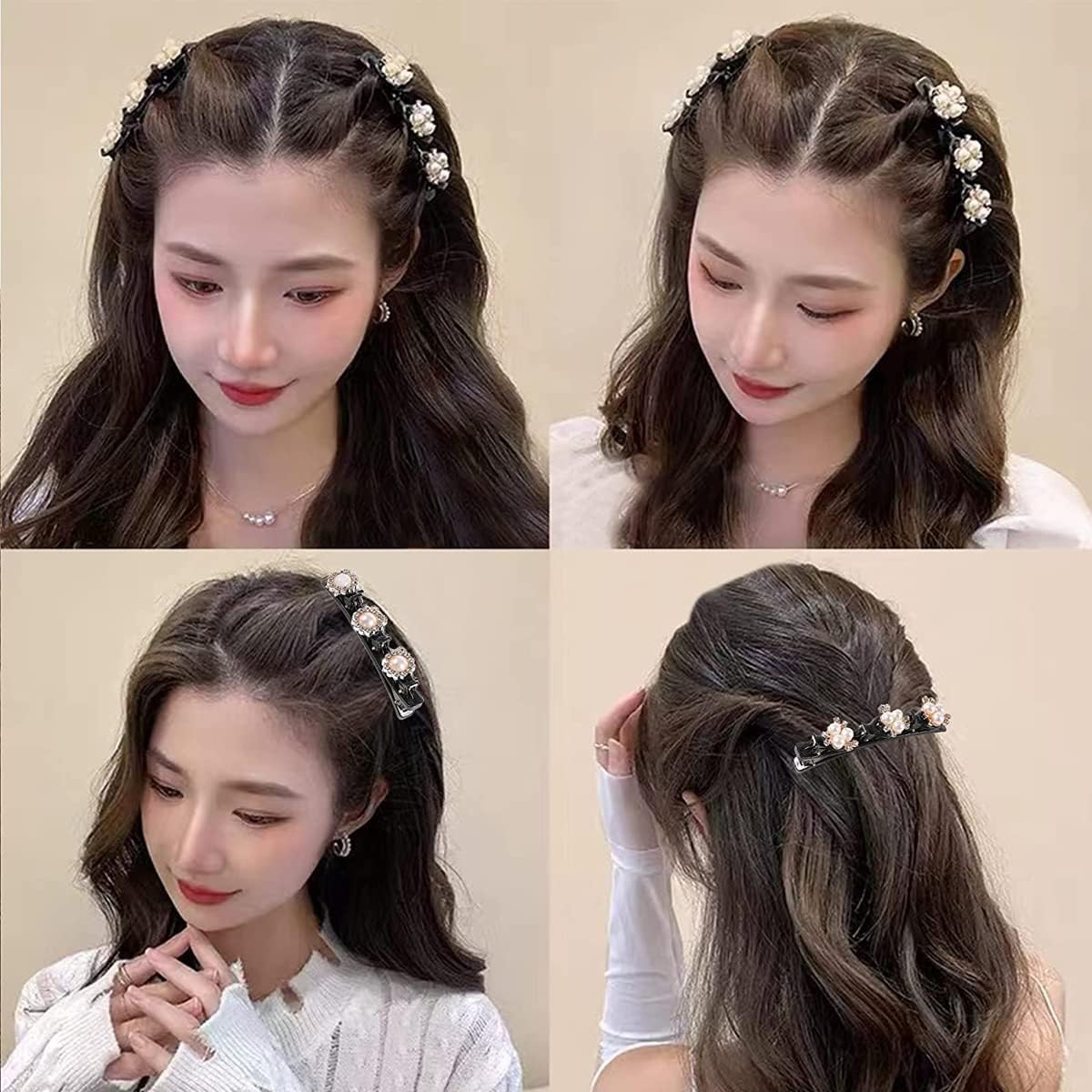 BIRZAR 12 Pack Pearl Hair Clips for Women & Girls - Braided Butterfly Duckbill Hairpins with 3 Small Clips - Fashion Hair Accessories for Styling, Parties, Weddings & Everyday Use