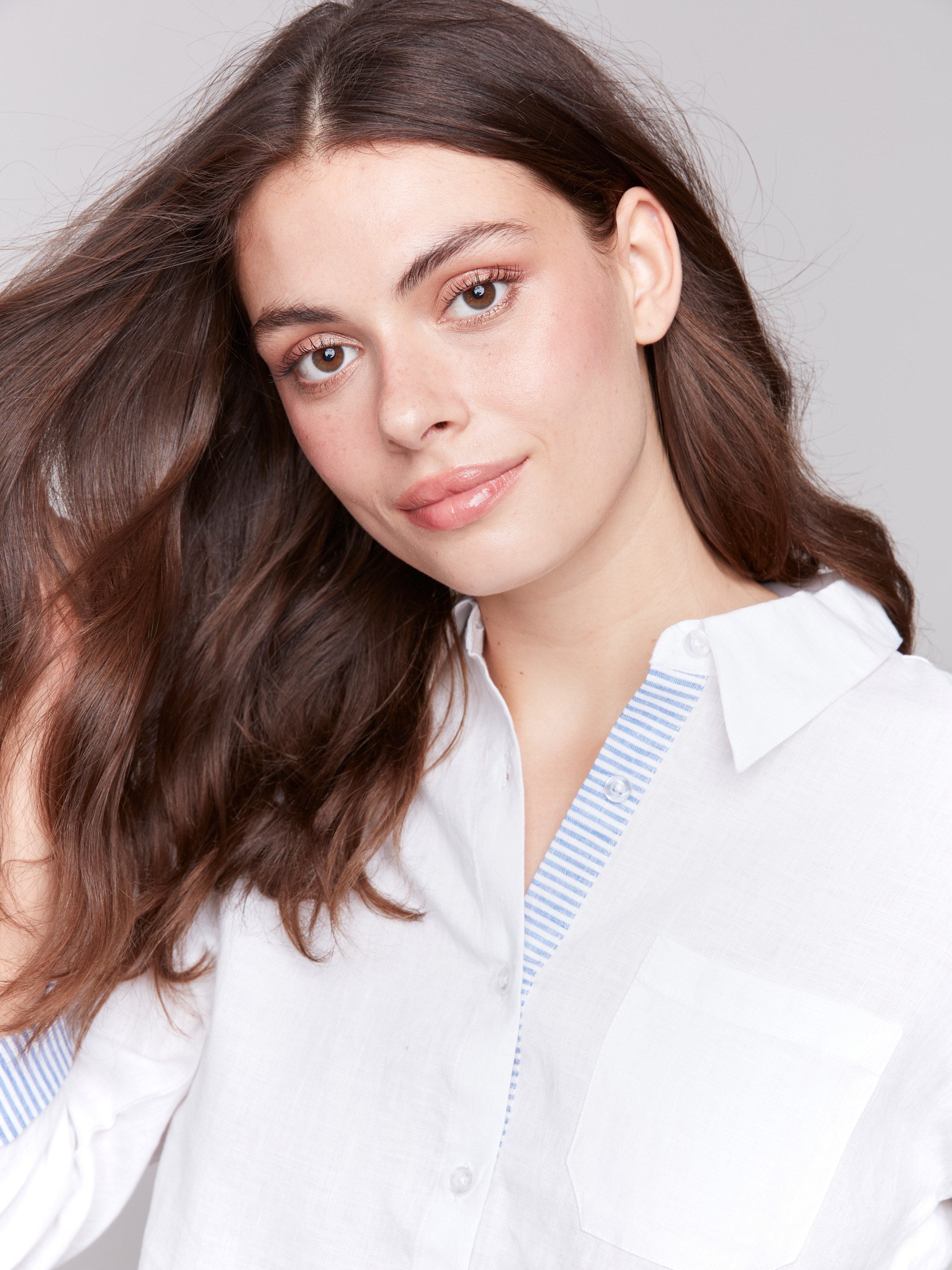 Linen Blend Drop Shoulder Shirt with Striped Cuffs - White | Casual Loose Fit Tunic Top for Women | Perfect for Summer Outfits, Beach Wear & Boho Style