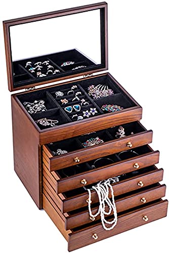 Vintage Wooden Jewelry Box with Mirror - 6-Tier Organizer for Necklaces, Rings & Earrings - Perfect for Dresser & Travel
