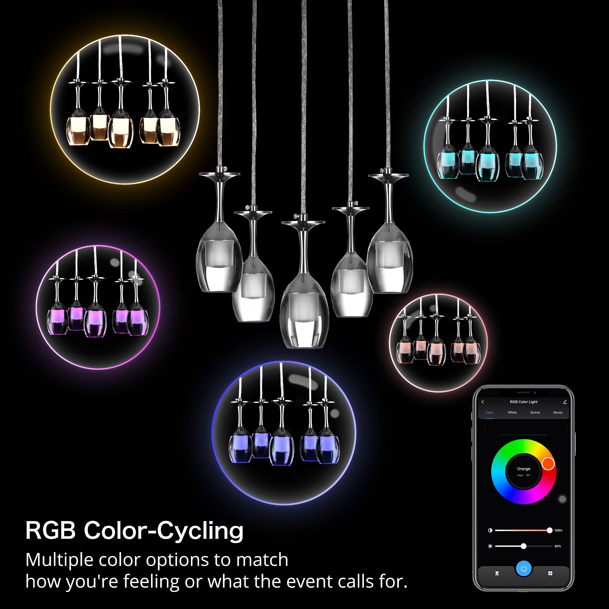 Bacchus Clear Acrylic Red Wine Glass Shaped Smart RGB Pendant Light - Modern LED Hanging Lamp for Dining Room, Bar, and Home Decor