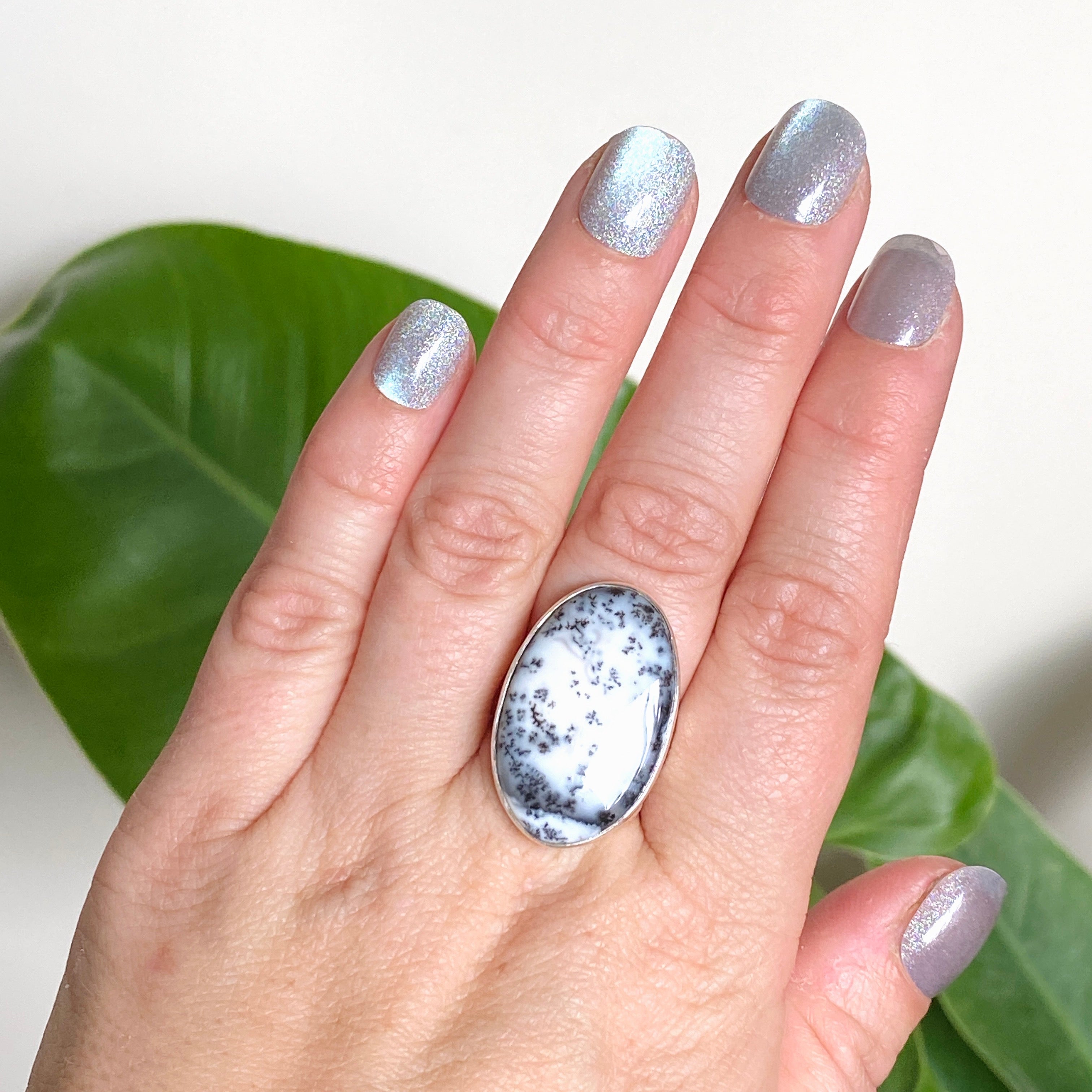 Dendritic Opal Oval Cabochon Ring - Size 8 KRGJ3310 - Perfect for Boho Jewelry & Nature-Inspired Fashion