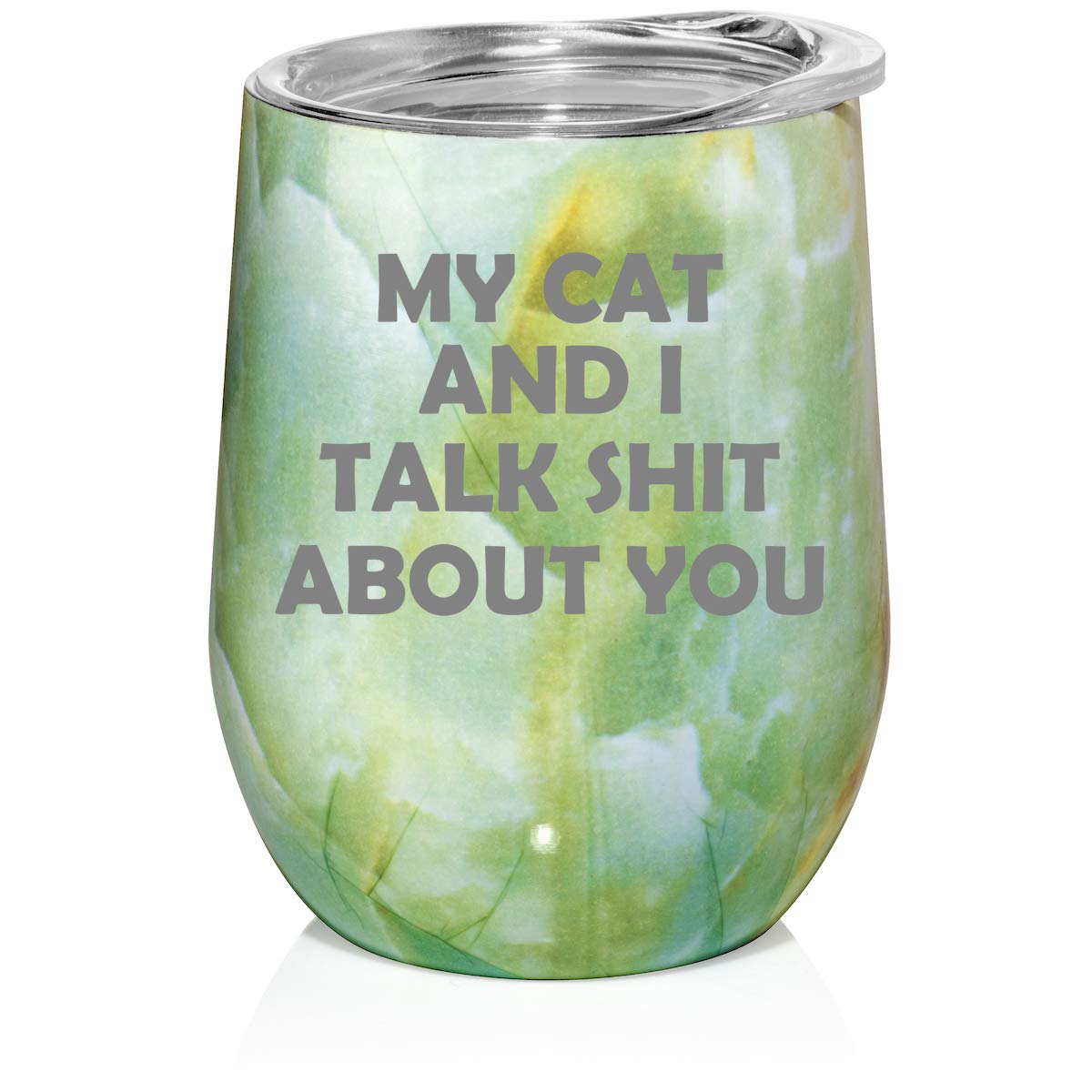 12 oz Double Wall Vacuum Insulated Stainless Steel Marble Stemless Wine Tumbler - Leakproof Travel Mug for Coffee, Tea & Wine - Funny 
