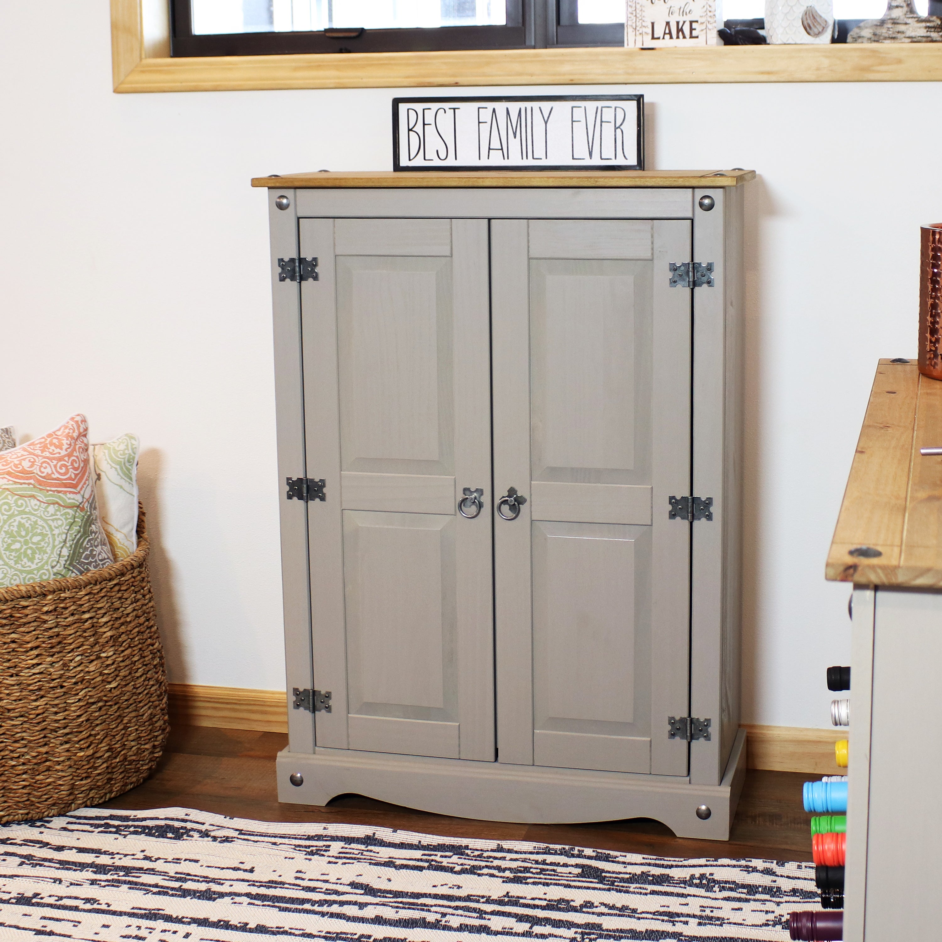 Sunnydaze 2-Door 2-Shelf Solid Pine Storage Cabinet in Gray - 43 Inches Tall | Perfect for Pantry, Kitchen, Bathroom, or Garage Organization