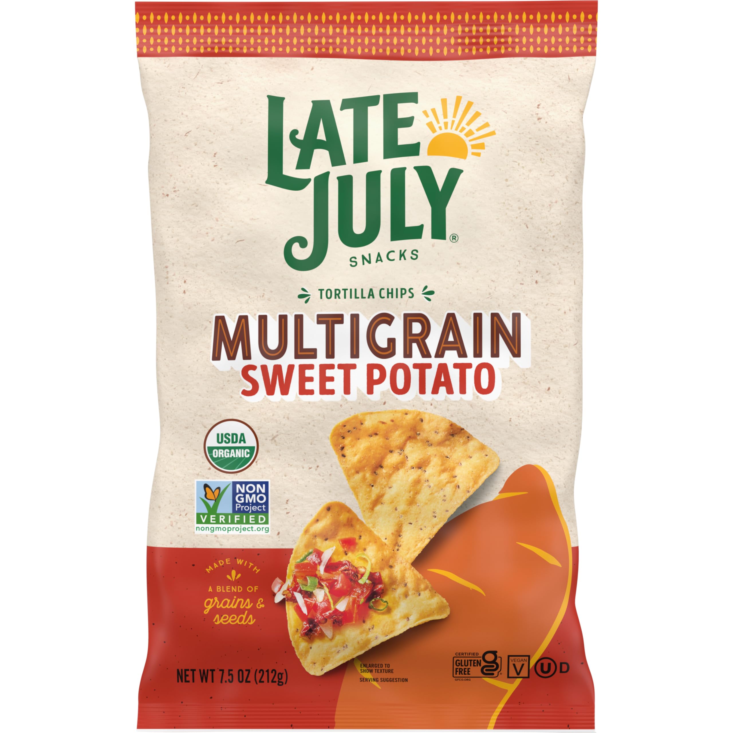 Organic Multigrain Sweet Potato Tortilla Chips by Late July Snacks - Gluten-Free, Non-GMO, 7.5 Oz Bag - Perfect for Healthy Snacking, Parties & Dips