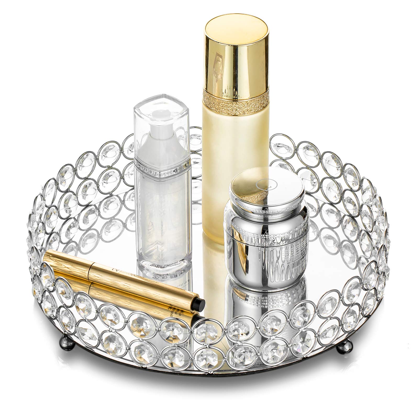 Nuptio Silver Vanity Tray - 10 Inch (25cm) Decorative Mirror Makeup Organizer for Dressing Table | Jewelry, Cosmetics, Perfume & Candle Holder | Elegant Bathroom & Bedroom Decor Accessory