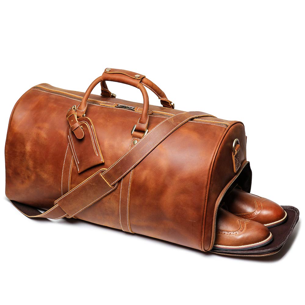 Premium Full Grain Leather Travel Duffel Bag for Men - Vintage Retro Style Weekender Overnight Gym Bag with YKK Zipper (Brown) | Perfect Carry-On Luggage for Business Trips, Gym Workouts & Weekend Getaways