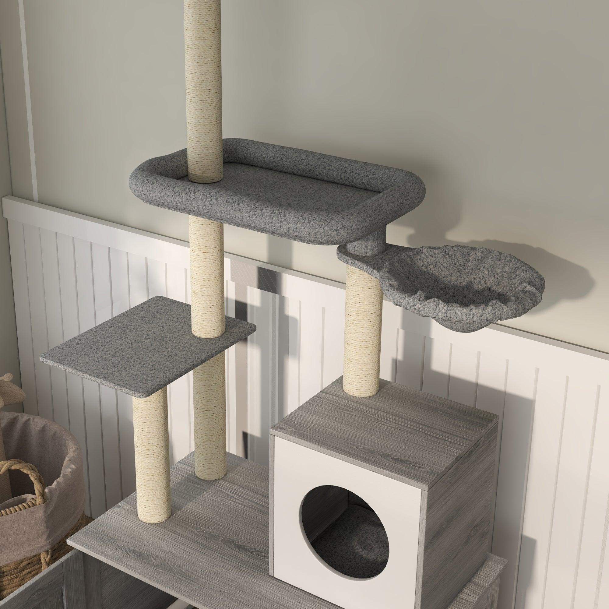 Multi-Level Cat Tree with Hidden Litter Box - 2-in-1 Floor to Ceiling Cat Tower with Condo, Bed, Hammock & Scratching Posts - Space-Saving Cat Furniture for Small Apartments (Gray) - Perfect for Indoor Cats Who Need Privacy While Using the Litter Box