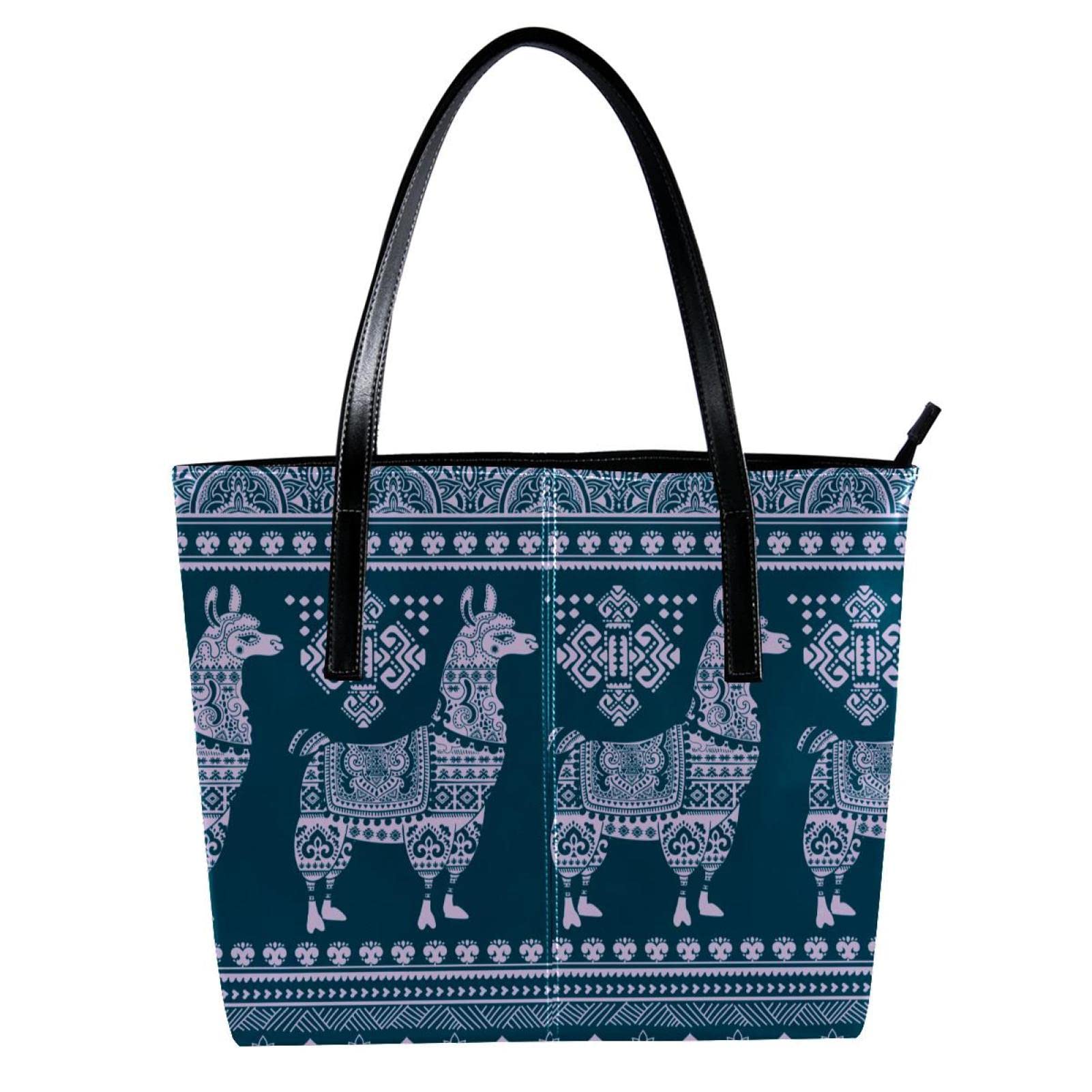 Stylish Women's Tote Bag - Waterproof Beach Bag, Spacious Laptop Shoulder Purse with Zipper - Boho Ethnic Alpaca Llama Design Handbag for Work, Travel & Shopping