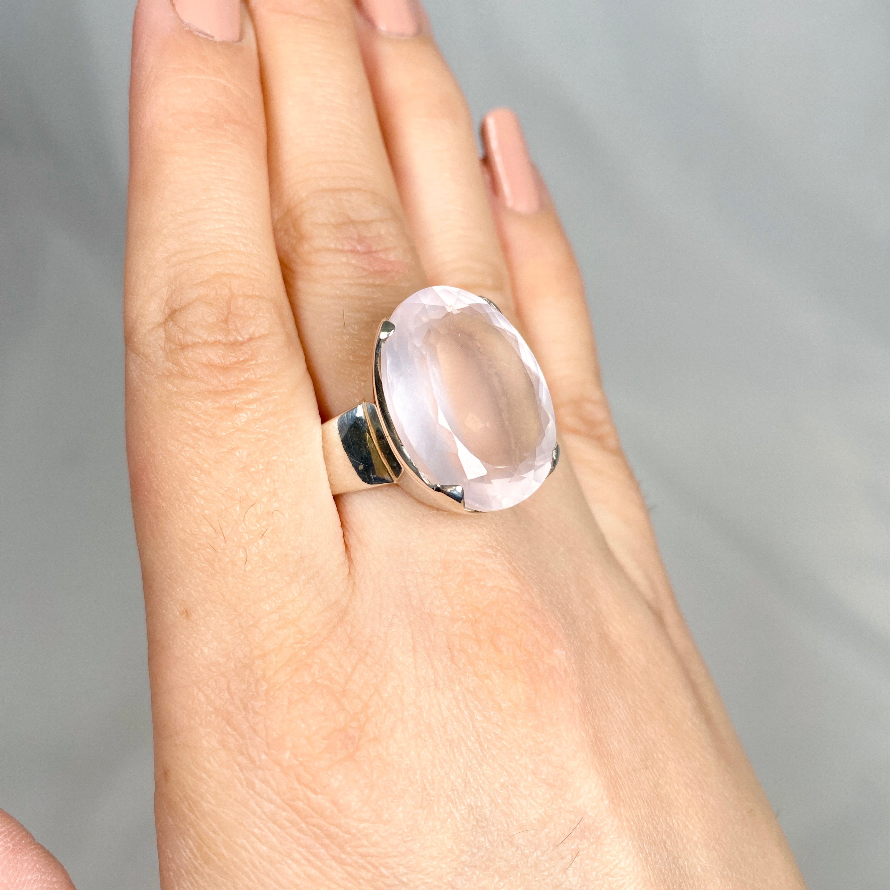 Rose Quartz Faceted Oval Ring - Size 10.5 (KRGJ1141) | Elegant Healing Crystal Jewelry for Women, Gift for Her, Wedding, Anniversary & Spiritual Healing