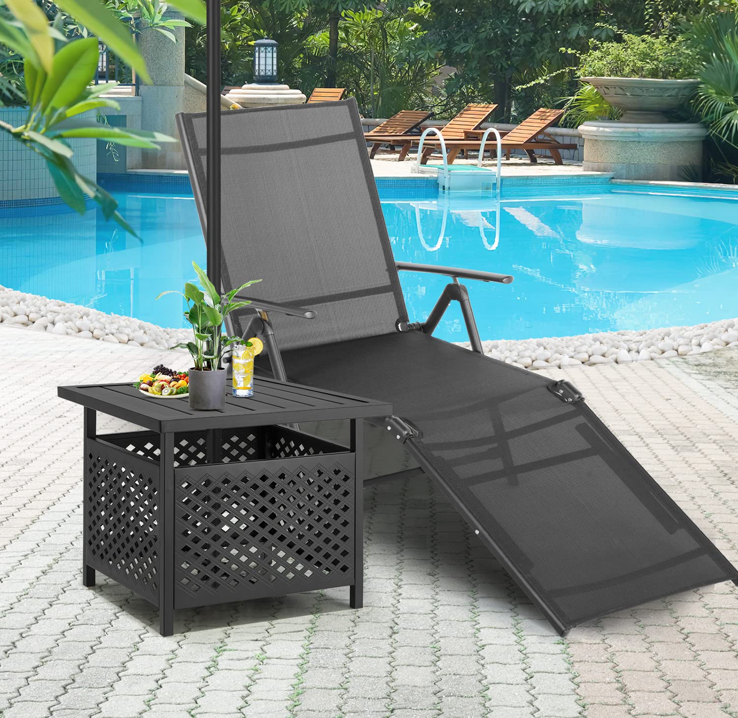 **AECOJOY Outdoor Side Table with Umbrella Hole - Durable Metal Patio Coffee Table for Garden, Poolside & Deck (1.58
