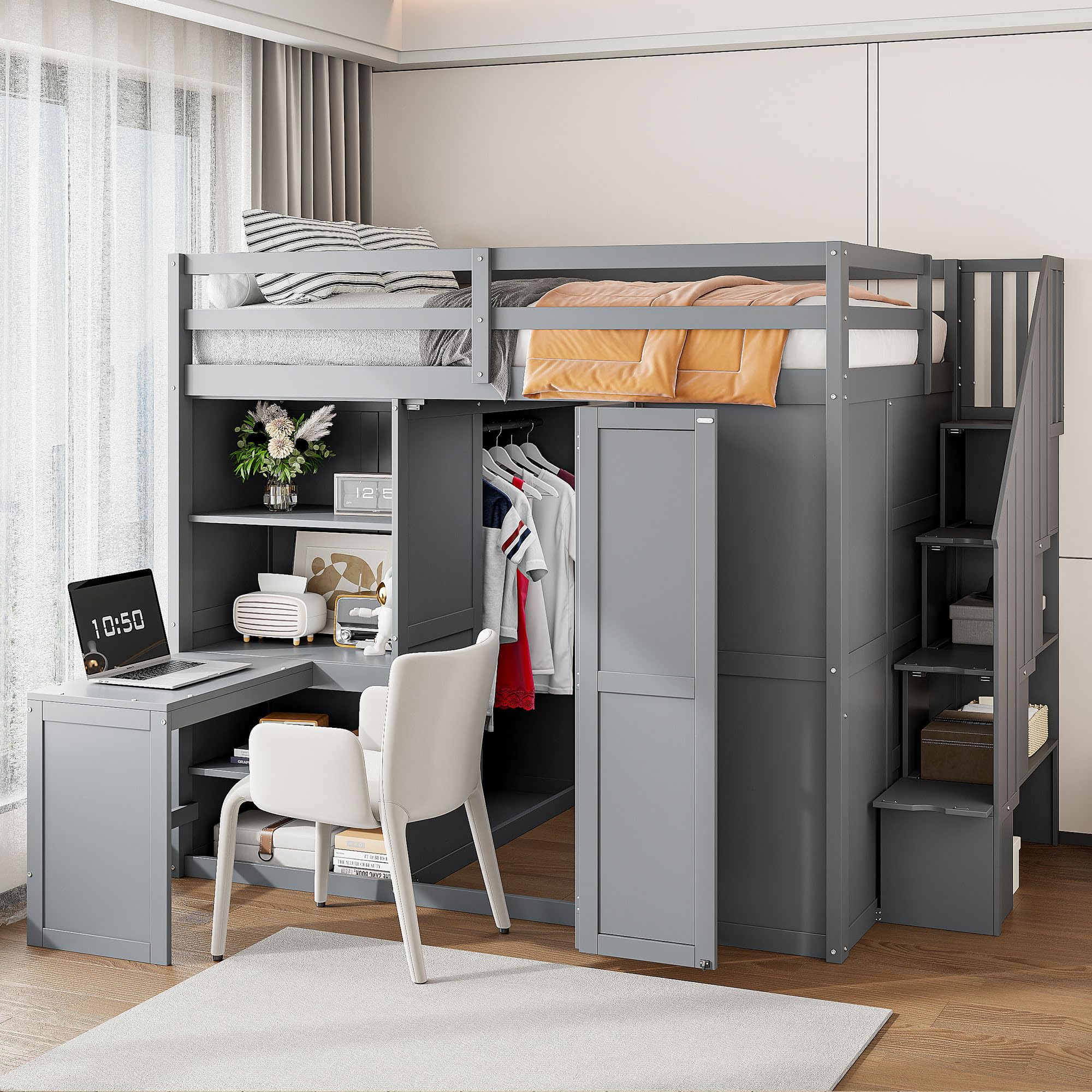 Merax Full Size Loft Bed with Wardrobe, Desk & Shelves - Sturdy Wooden Bunk Bed Frame in Grey - Perfect for Small Spaces, Dorm Rooms & Kids Bedrooms