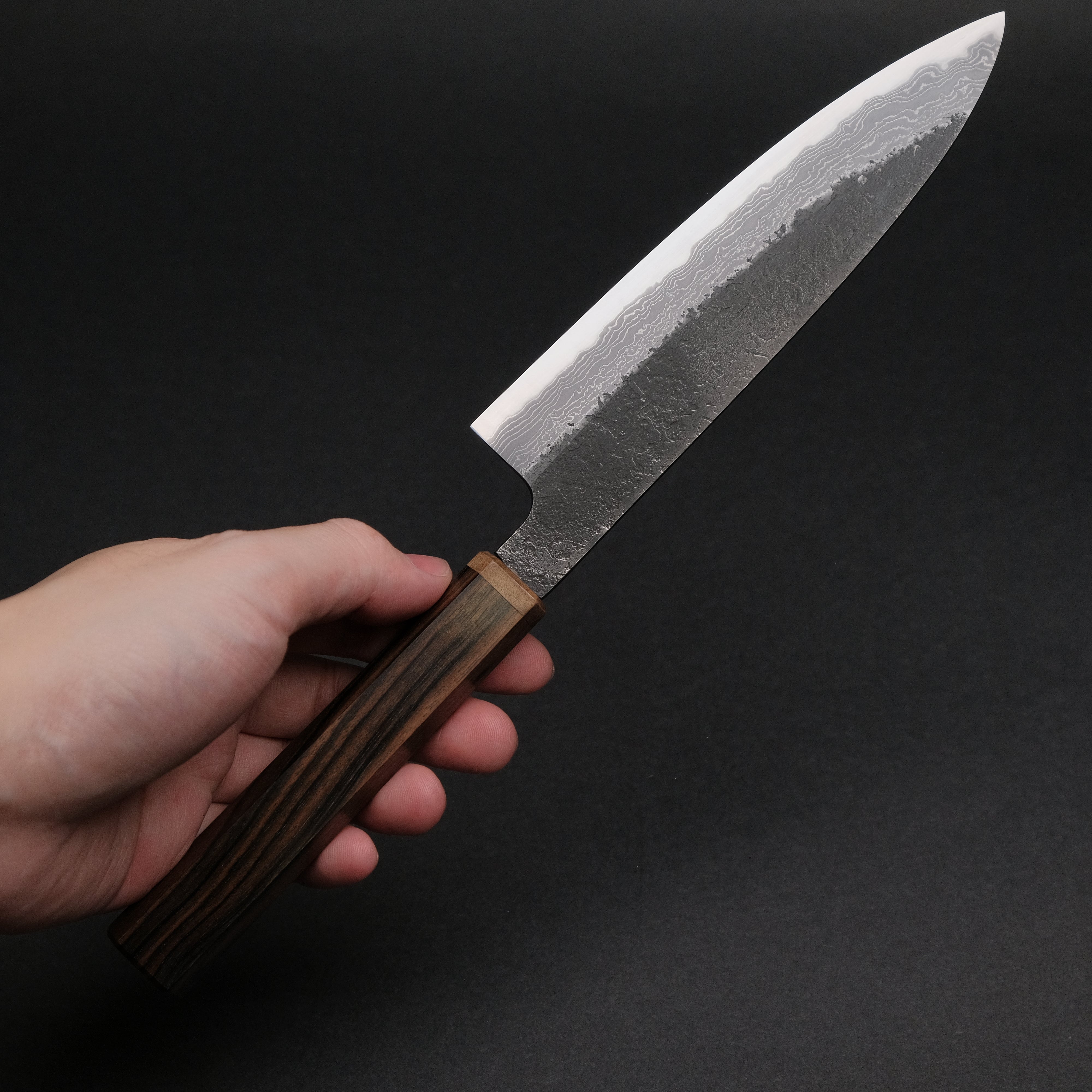 Ajikataya White #2 Nashiji Damascus Petty Knife 150mm - Ebony & Stabilized Wood Handle (#61) - Perfect for Slicing, Peeling & Precision Kitchen Tasks