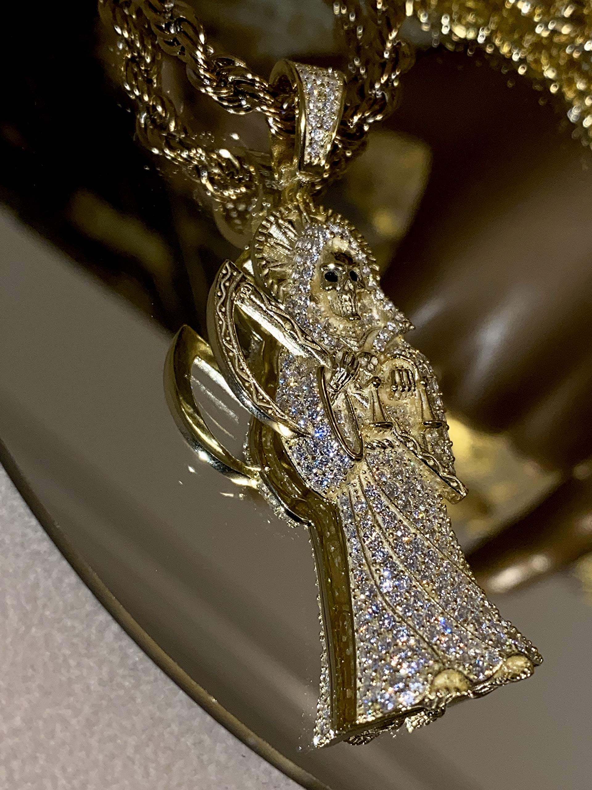 925 Sterling Silver Santa Muerte Pendant Necklace for Men & Women - Italian Gold Finish Iced Out Charm with 2mm Stainless Steel Rope Chain - Perfect for Gifts, Everyday Wear & Gothic Fashion Accessories
