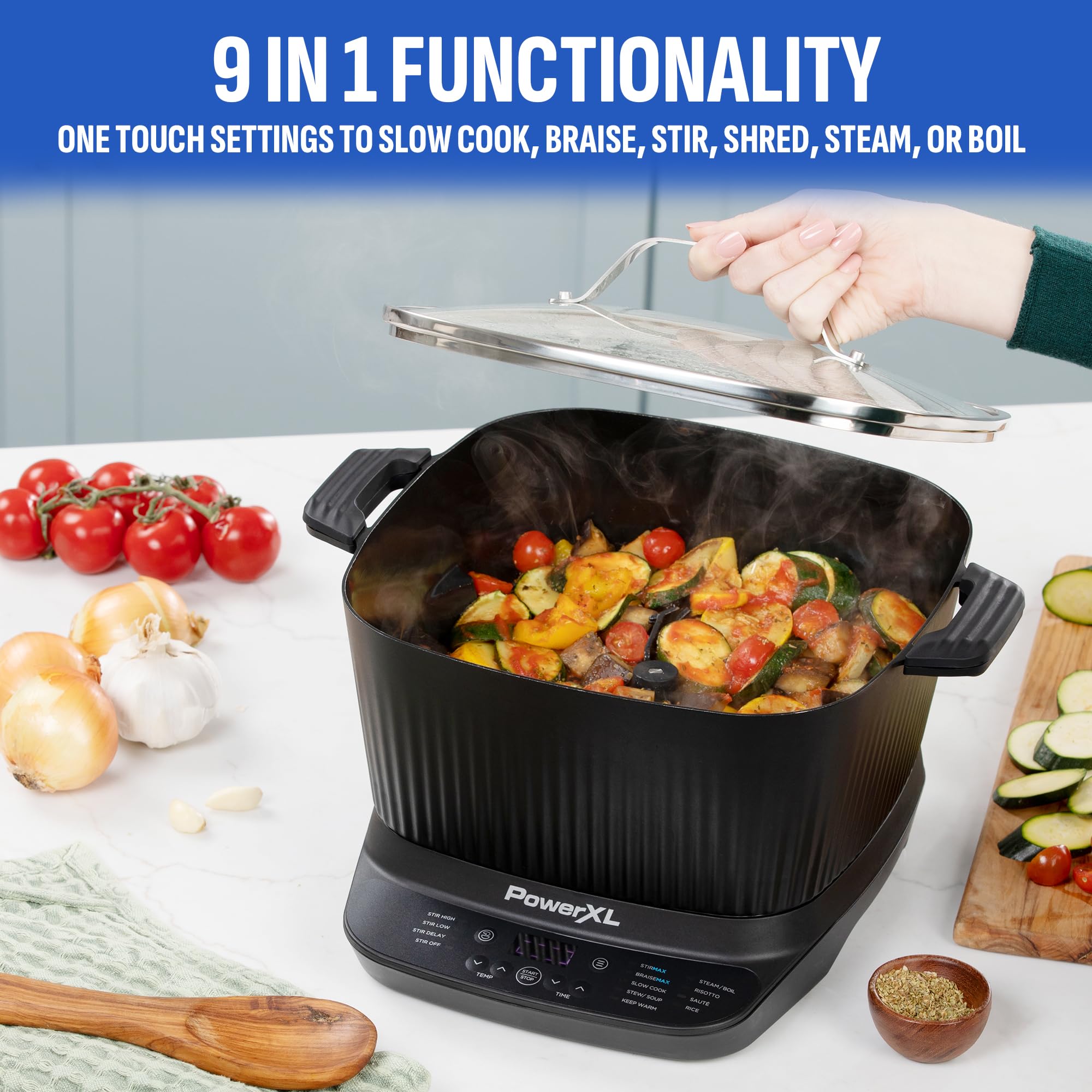 STIRMAX PLUS 7.5 Quart Digital Multi-Cooker with Automatic Stirring Paddle - 9-in-1 Programmable Presets for Sautéing, Searing, Browning & Slow Cooking - Includes Accessories & Cookbook - Perfect for Meal Prep, Family Dinners & Entertaining