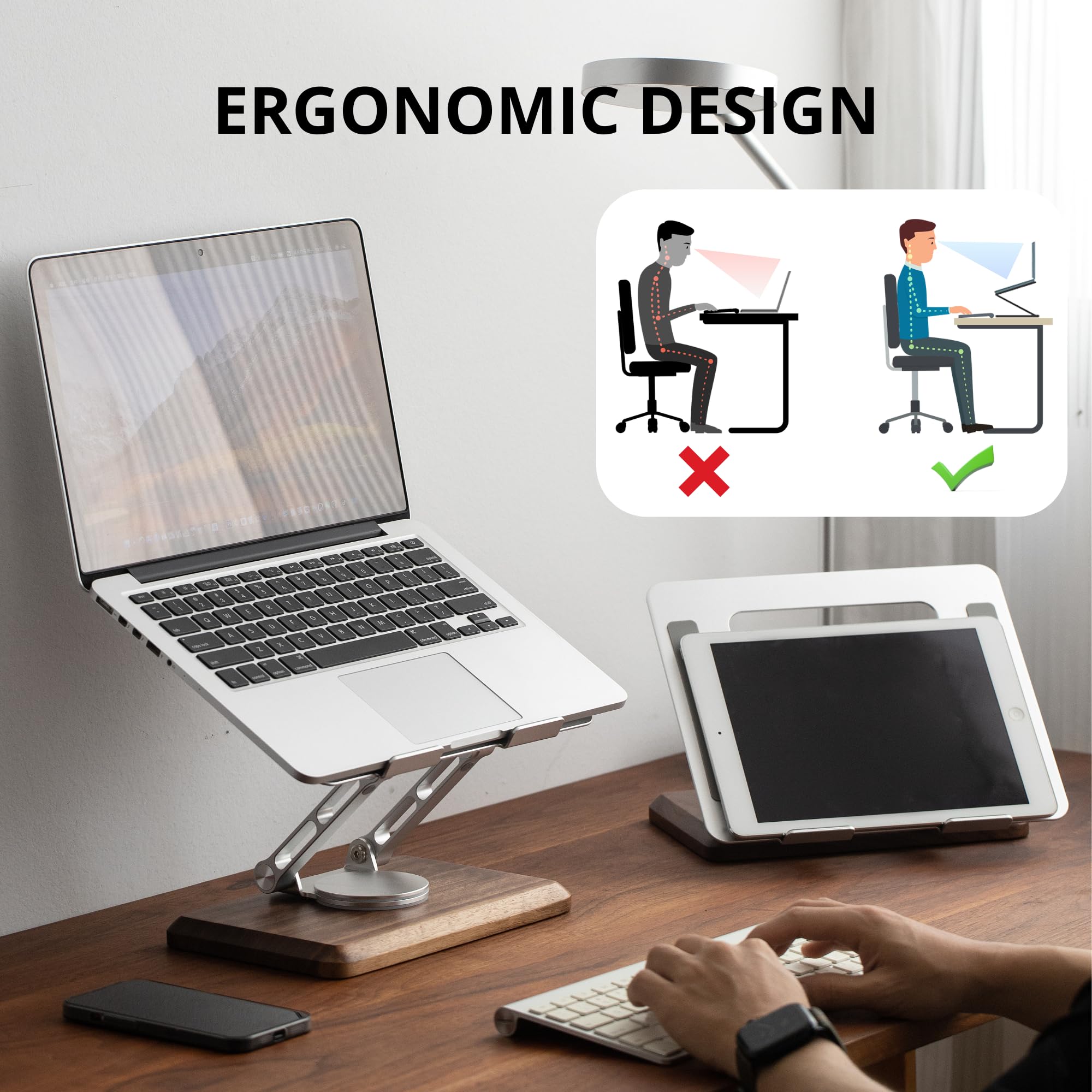 Premium Walnut Wood Laptop Stand for Desk - 360° Rotating Ergonomic Laptop Riser with Ventilated Design, Adjustable Height for 10-17.3 Inch Notebooks - Perfect for Home Office, Gaming & Workspace Setup