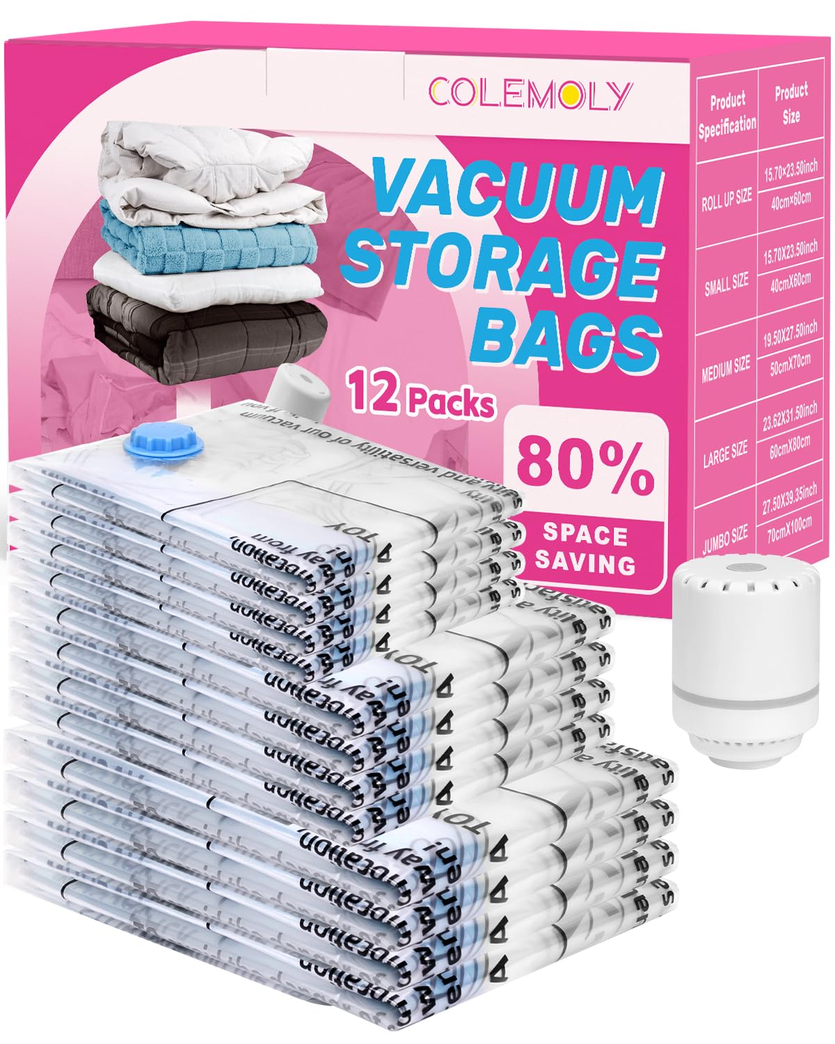 Colemoly 12 Pack Vacuum Storage Bags with Electric Air Pump - Space Saving Vacuum Seal Bags for Clothes, Travel, Moving & Home Organization (4 Jumbo, 4 Large, 4 Medium) | Ideal for Seasonal Clothing Storage, Travel Packing & Moving Supplies