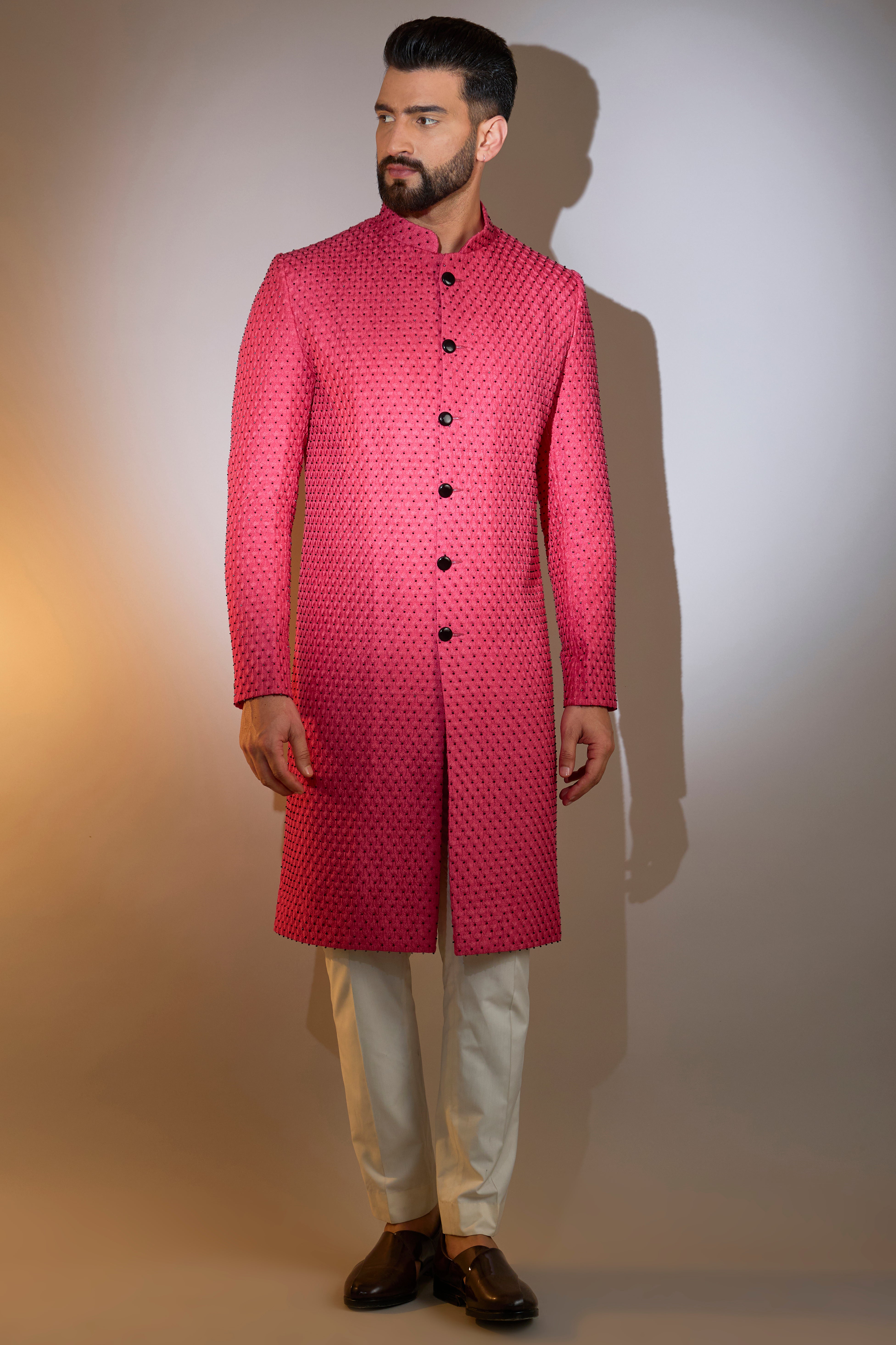 Elegant Hot Pink Sherwani with Intricate Black Cut Dana Work - Perfect for Weddings, Festivals & Special Occasions