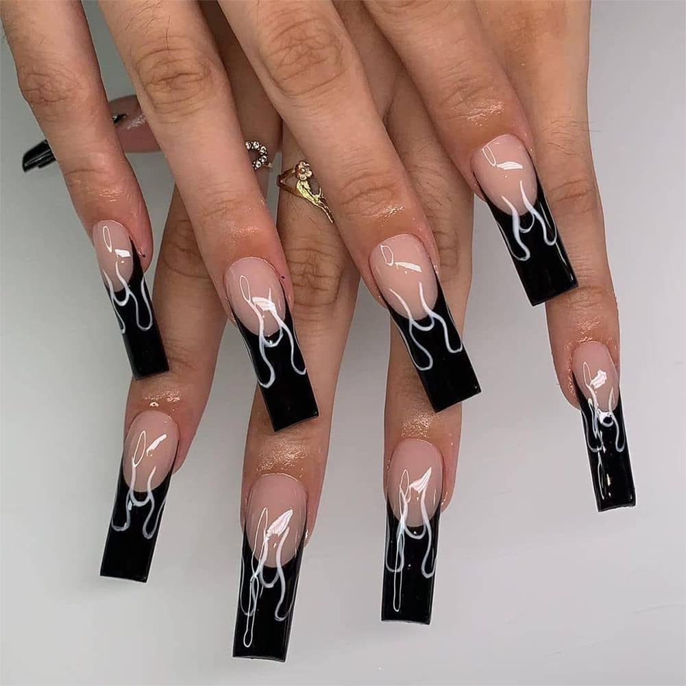 24Pcs Long Coffin Press on Nails - Flame Design Glossy Fake Nails for Women, Full Cover Ballerina Clip on Nails, Easy to Apply at Home, Perfect for Parties, Weddings & Special Occasions