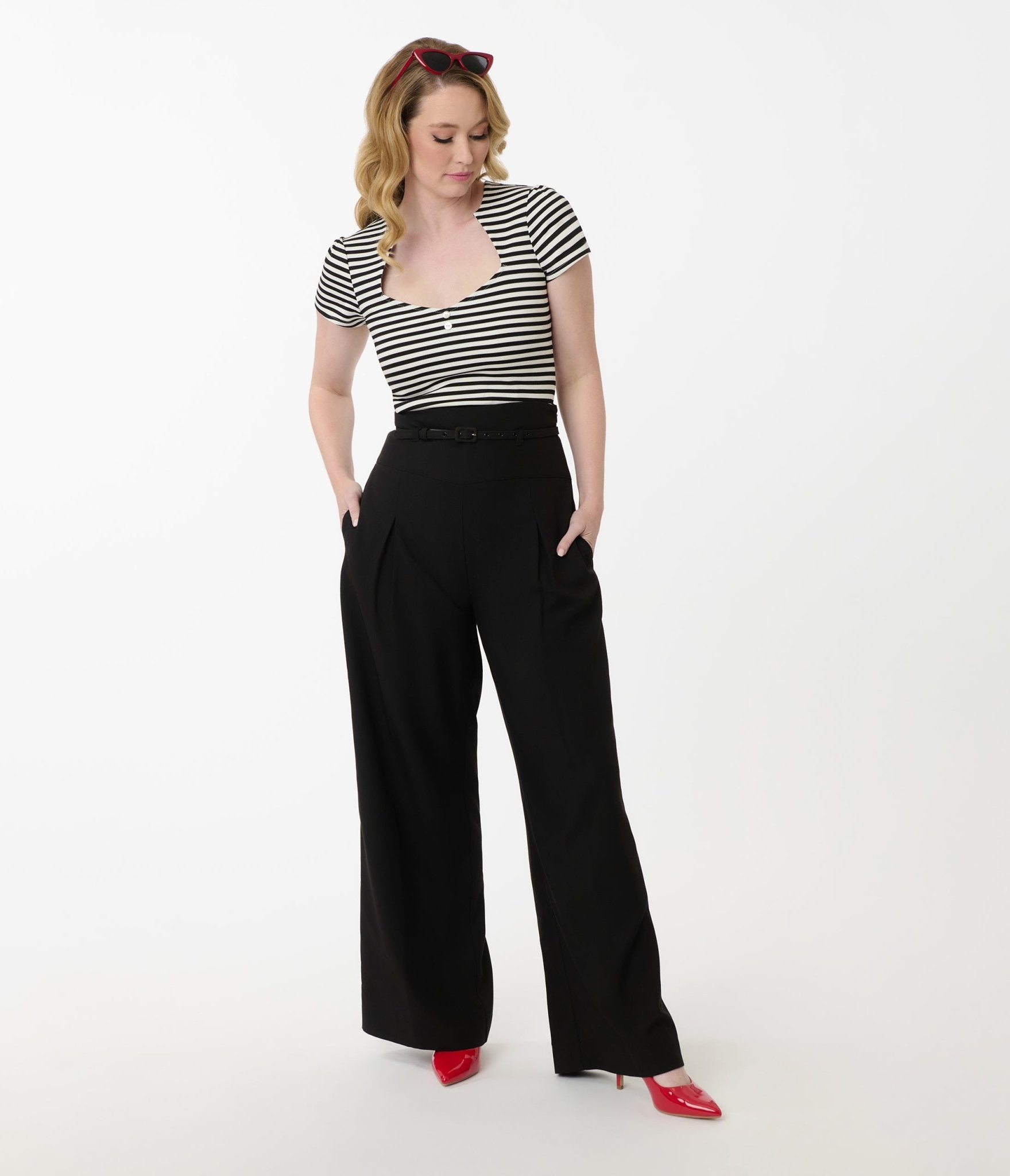 Vintage Black Wide Leg Pleated Pants for Women - High Waist Retro Trousers - Office, Party & Casual Wear