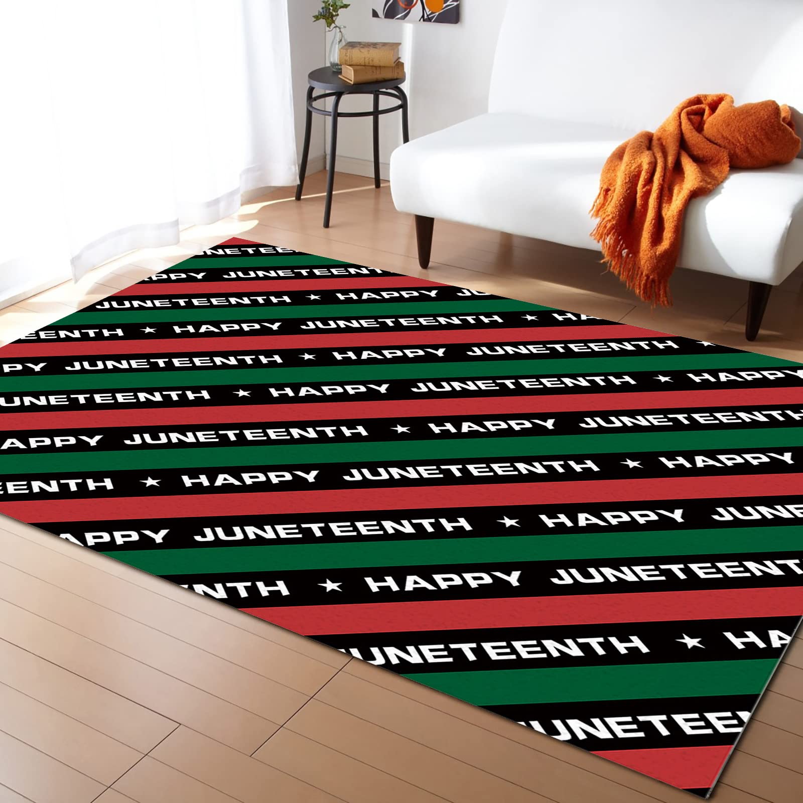 5'x8' Large Non-Slip Area Rug - Happy Juneteenth Striped Carpet in Red & Green for Bedroom, Living Room, Kitchen & Kids Room - Soft Floor Mat for Home Decor & Safety
