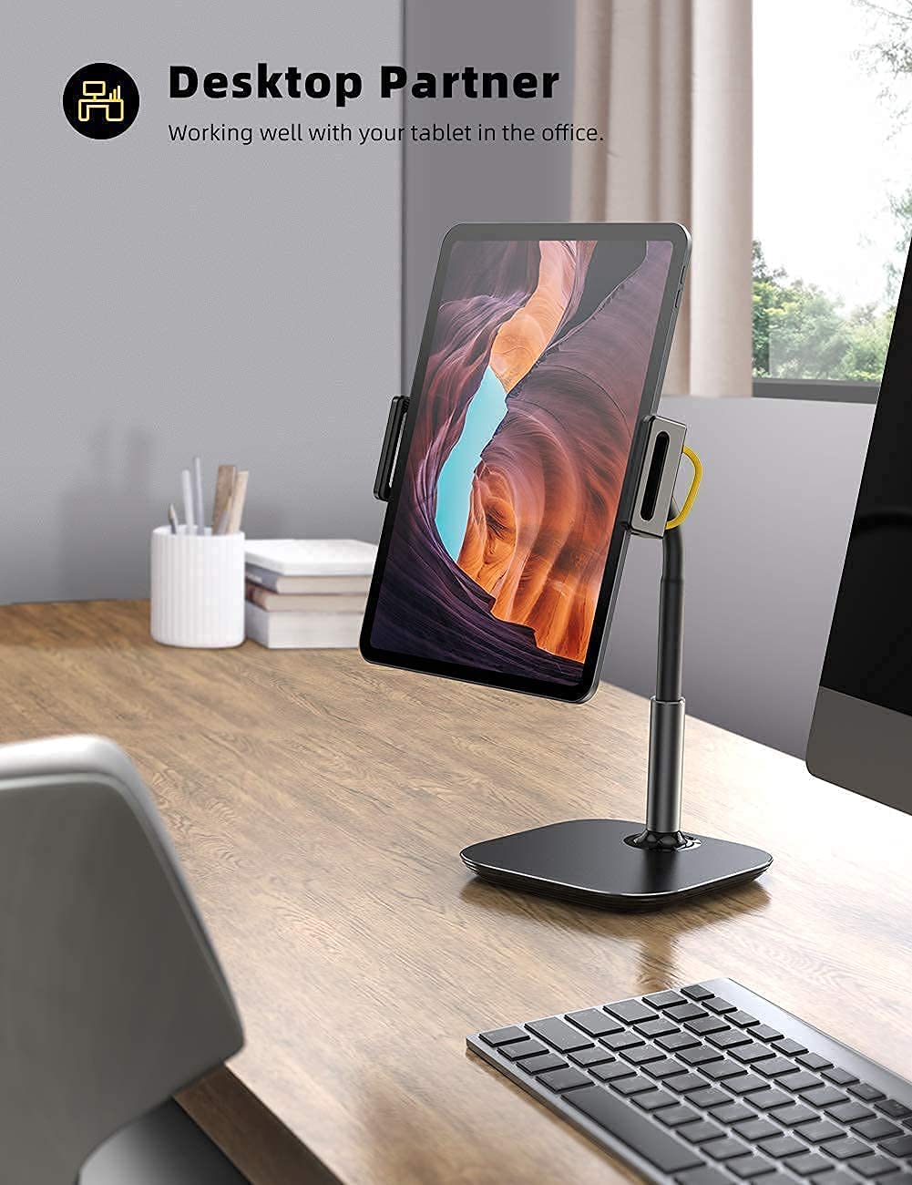 Lamicall Adjustable Tablet Stand for Desk and Floor - Black | Multi-Angle Viewing for Work, Study, and Entertainment