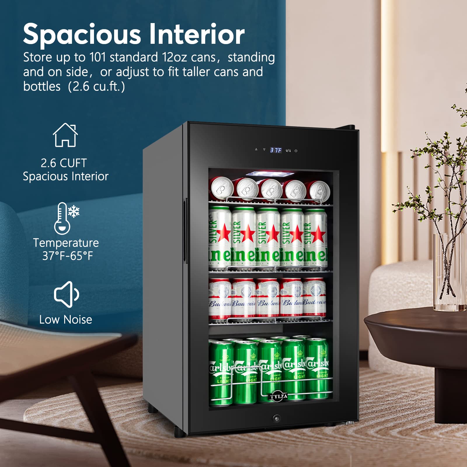 Tylza Mini Beverage Refrigerator - 101 Can Capacity Freestanding Drink Cooler with Glass Door for Soda, Beer, Wine & Water - Compact Mini Fridge with White LED Light for Home, Office, Bar or Dorm Room - Energy Efficient & Quiet Operation