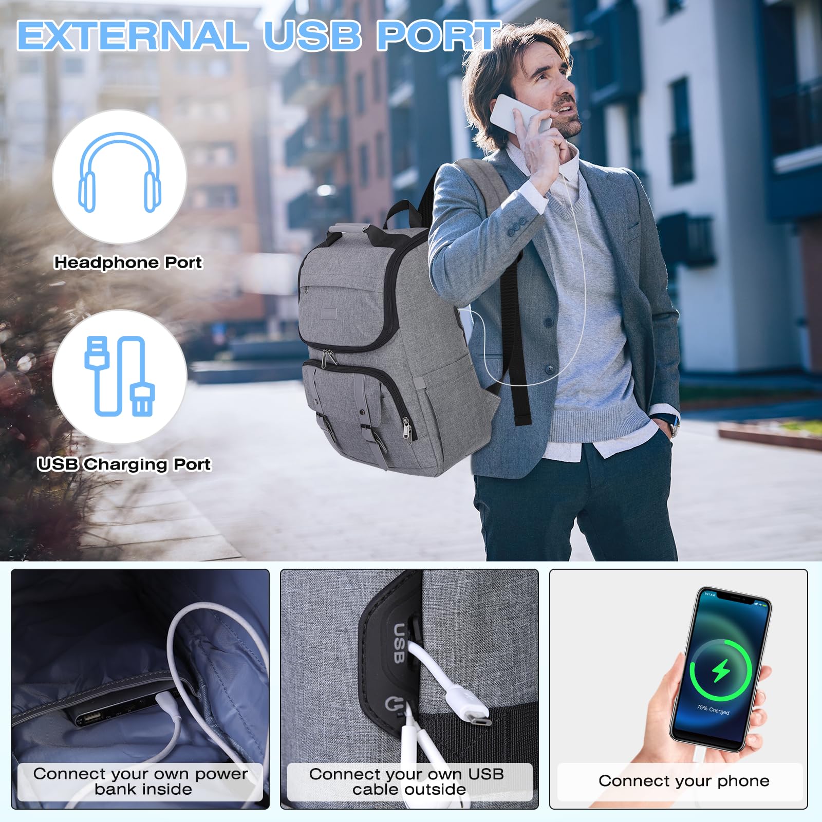 15.6 Inch Waterproof Laptop Backpack for Men & Women - TSA Friendly Business Travel Backpack with USB Charging Port, Grey | Perfect for Work, Commuting & Airplane Carry-On