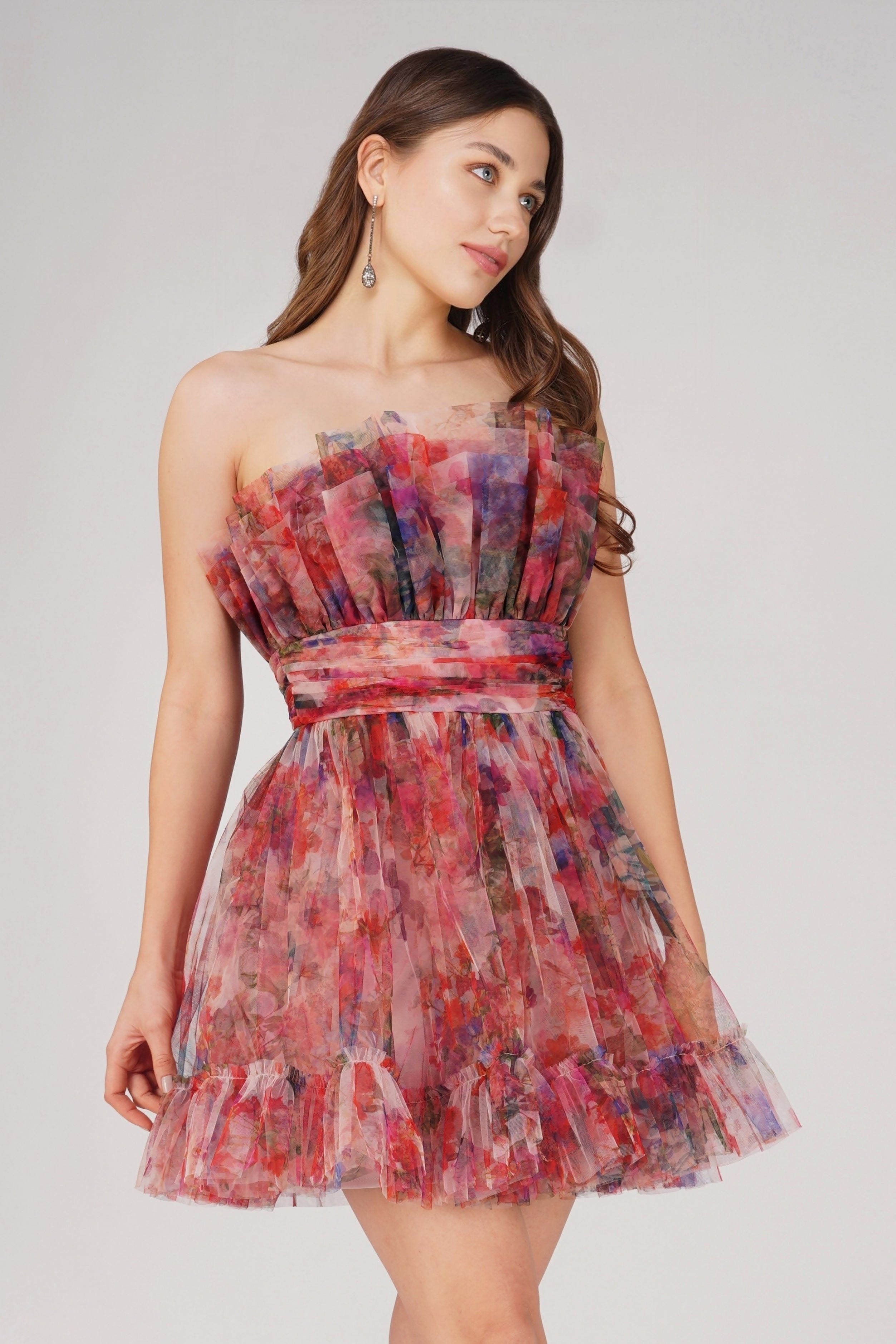 Nanita Tulle Mini Dress in Mixed Floral - Elegant Floral Print Party Dress for Women | Perfect for Weddings, Cocktail Parties & Special Occasions
