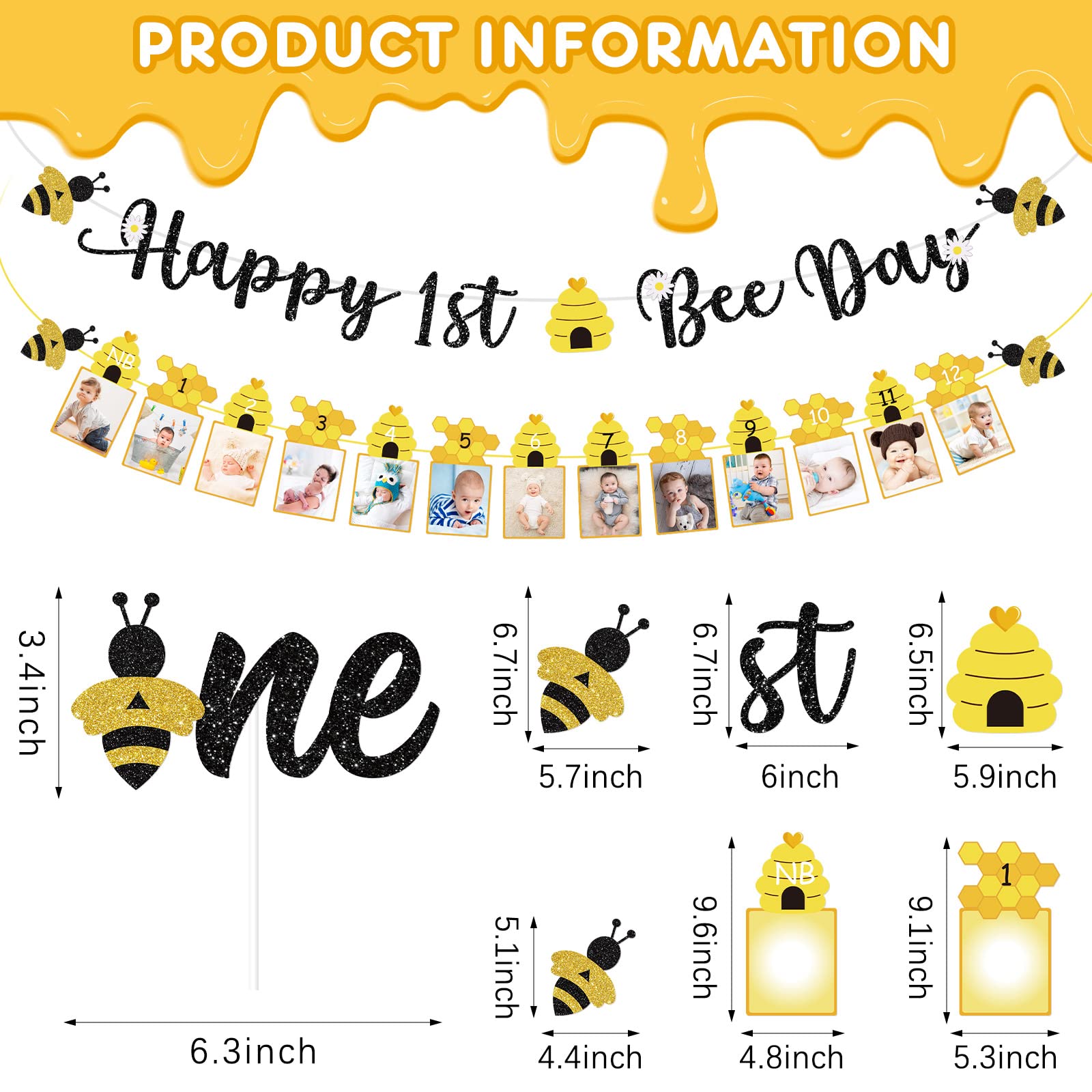 3 Pcs Happy 1st Bee Day Party Decorations - Bumble Honey Bee Birthday Banner, Cake Topper & Photo Props for Baby Boys Girls Newborn | Bee-Themed 1st Birthday Party Supplies for Cake Decor & Nursery Decor