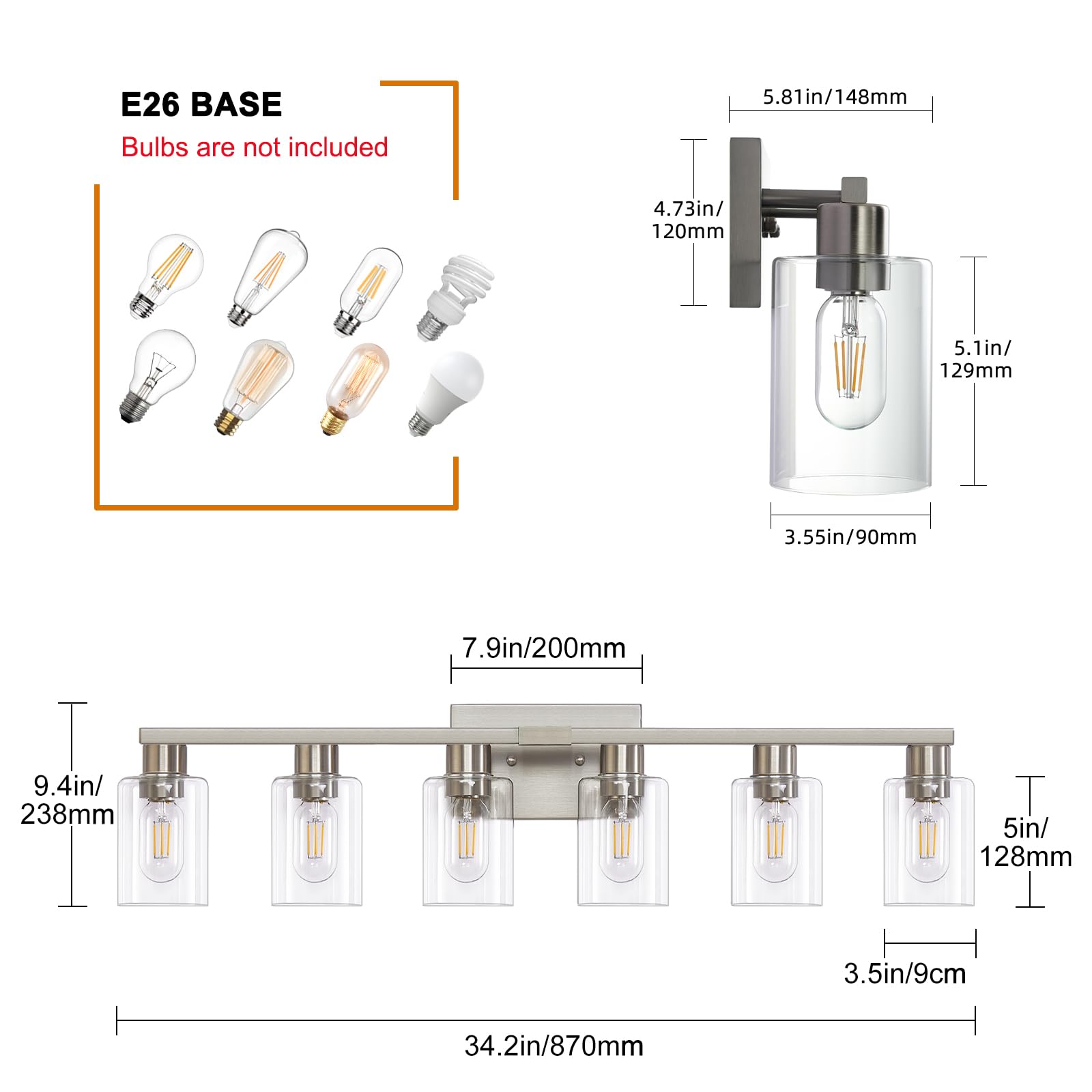 6-Light Brushed Nickel Bathroom Vanity Light Fixture - Modern Wall Sconce with Clear Glass Shade for Mirror Lighting - Perfect for Master Bath, Powder Room & Spa-Style Decor