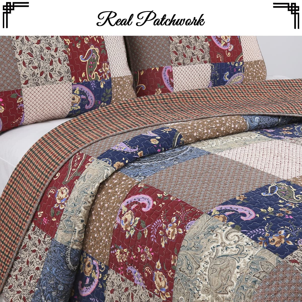 100% Cotton Reversible Quilt Bedding Set - Cozy Line Home Fashions Sanders Brown Floral Patchwork Coverlet & Bedspread (Red Navy, King Size 3-Piece) for Master Bedroom, Guest Room & Cozy Farmhouse Decor